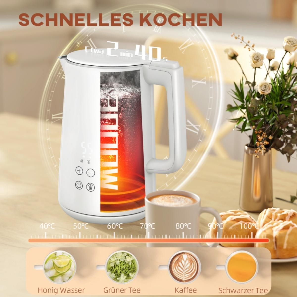 Ein weißer elektrischer Wasserkocher, der die Temperatur anzeigt. Es gibt eine Tasse Kaffee und Essen.