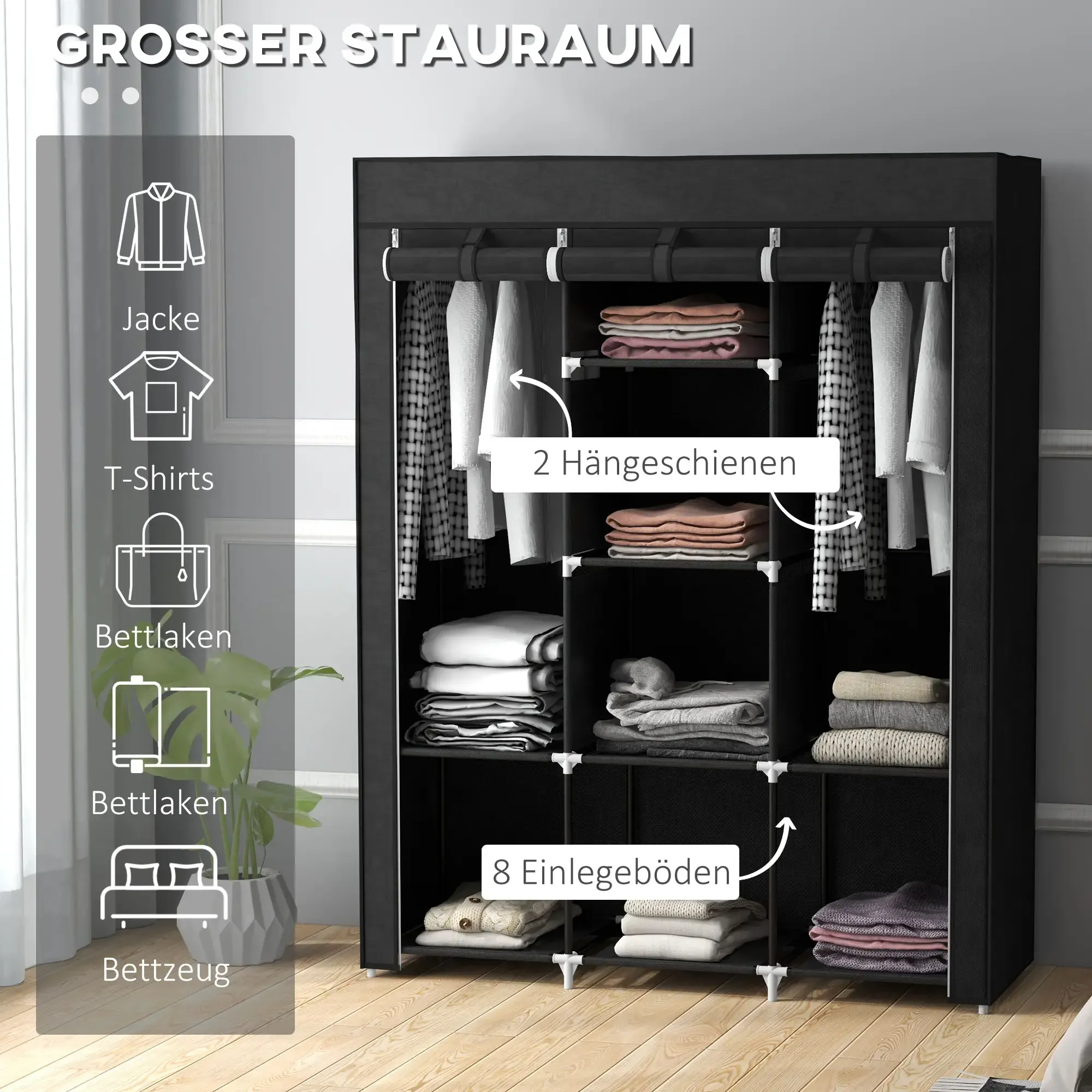 Ein schwarzer Schrank mit Kleidung darin. Das Bild zeigt das Innere des Schranks.