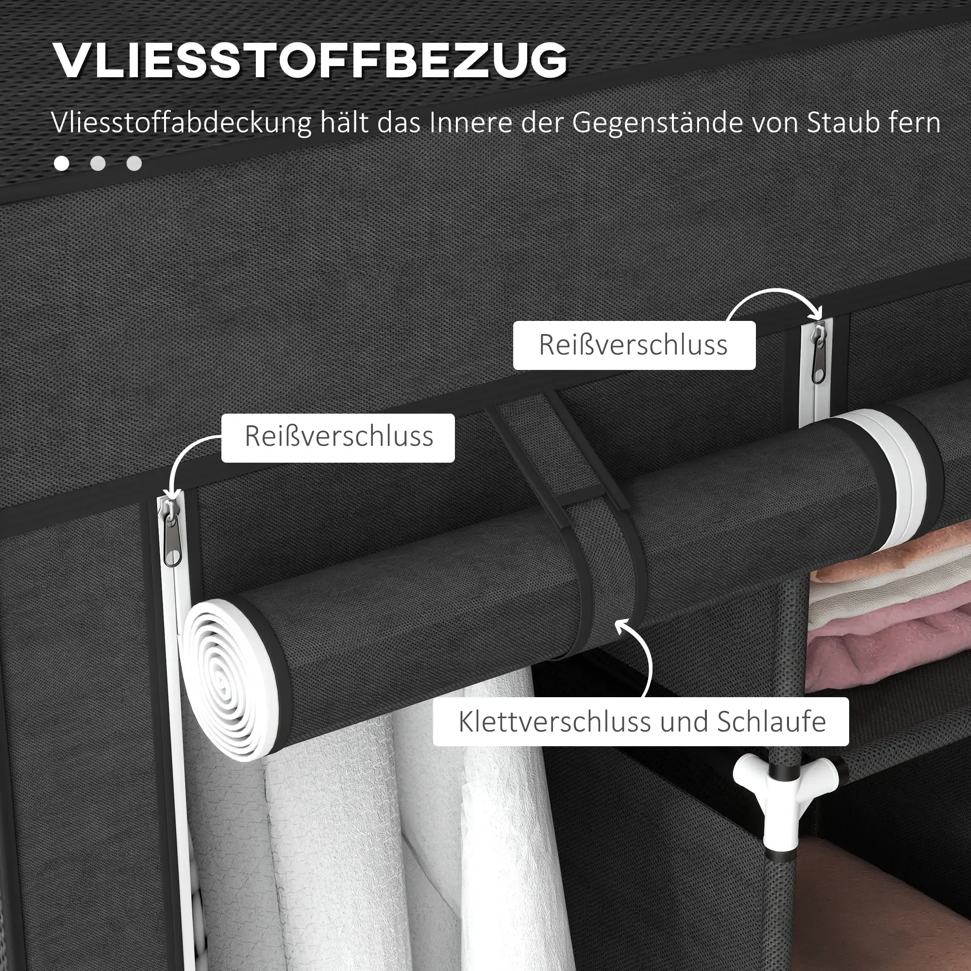Eine schwarz-graue Stoffaufbewahrungseinheit mit Textbeschriftungen und Reißverschluss. Die Einheit hat ein vertikales Design.