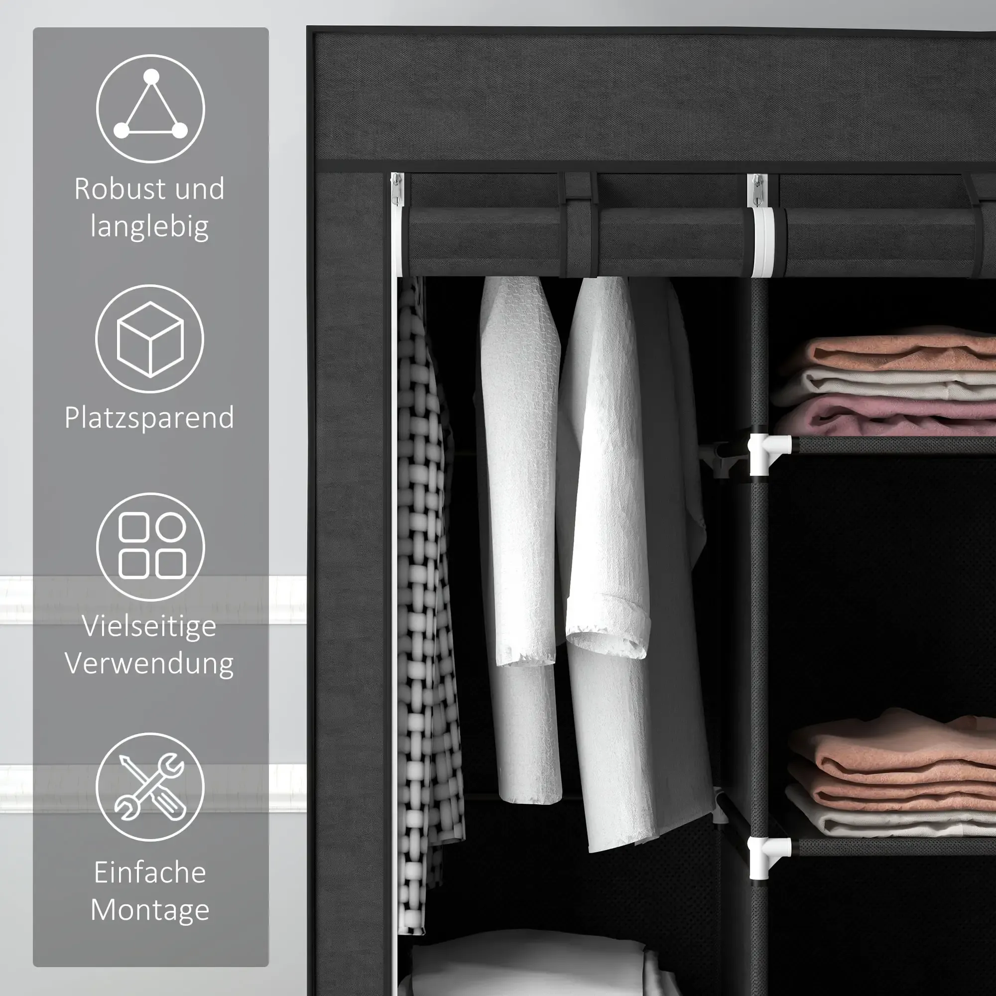 Ein dunkelgrauer Kleiderschrank mit mehreren Fächern. Er hat eine Seitenwand mit Symbolen und Text, die die Funktionen beschreiben.