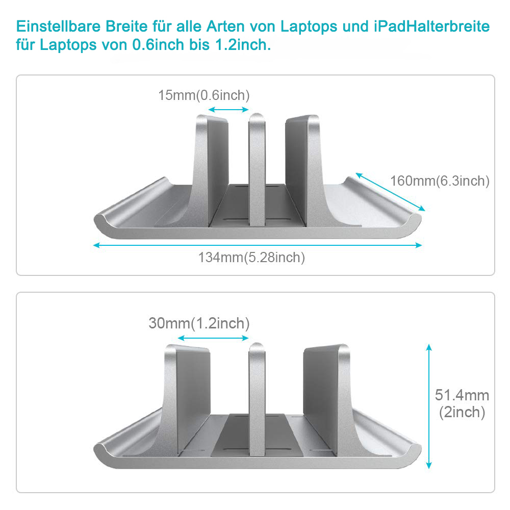 Das Diagramm zeigt die einstellbaren Breiten des Laptop- und iPad-Halters in Millimetern und Zoll.