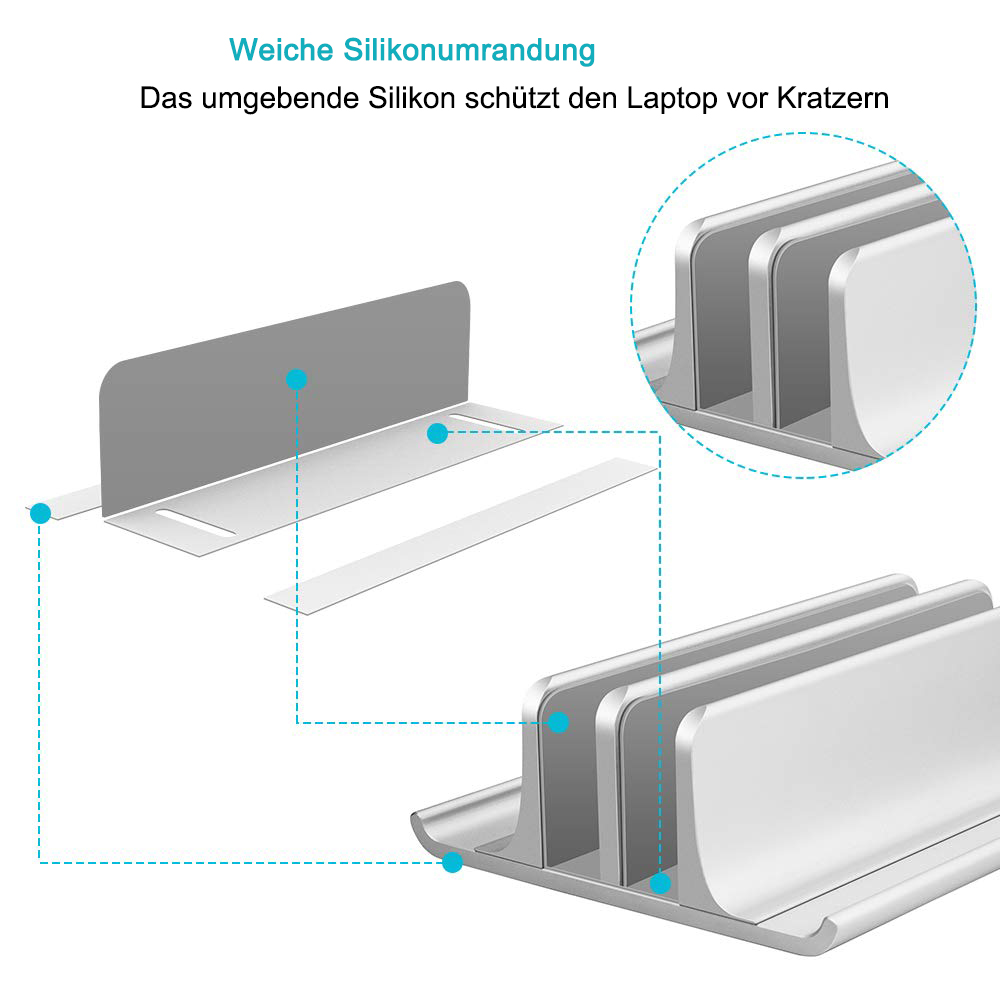 Ein silberner Laptopständer mit Silikonpads zum Schutz vor Kratzern, zerlegt dargestellt.