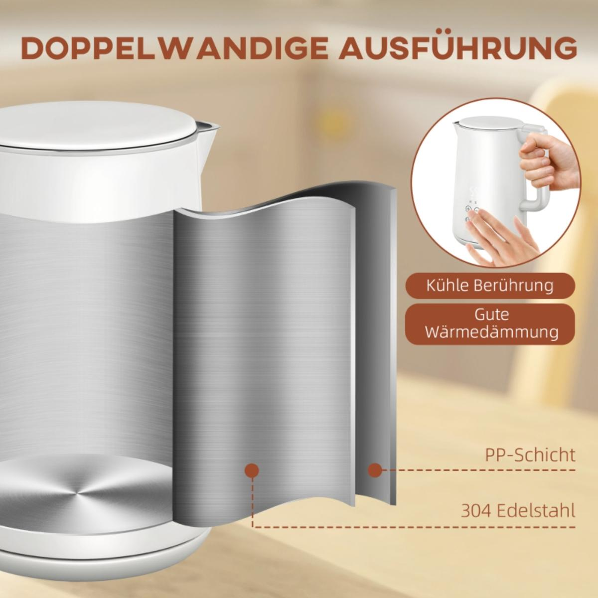 Nahaufnahme eines weißen und silbernen Wasserkochers mit einem Ausschnitt, der die inneren Schichten und Etiketten zeigt.
