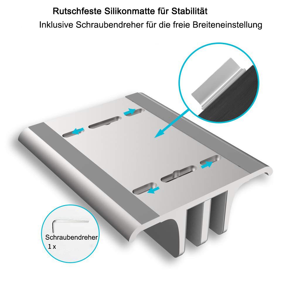 Silberner Laptop-Ständer mit Schraubendreher, weißer Hintergrund.
