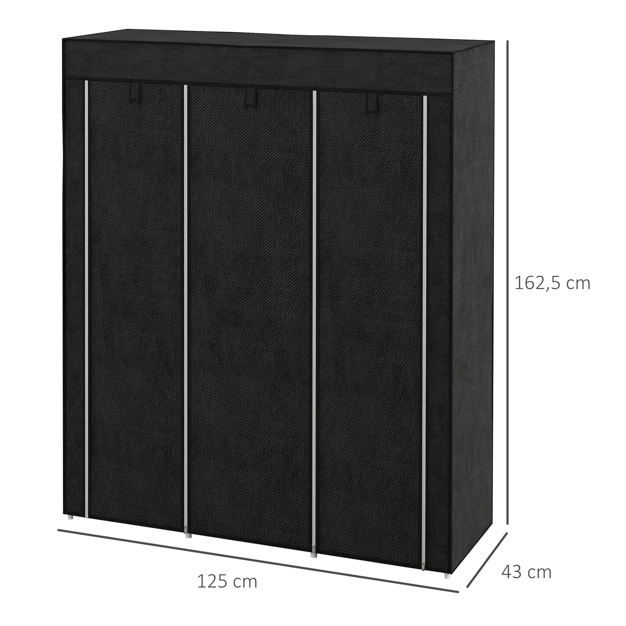 Ein hoher schwarzer Kleiderschrank mit drei Türen. Er hat an der Seite Maße: 125 cm breit, 43 cm tief und 162,5 cm hoch.