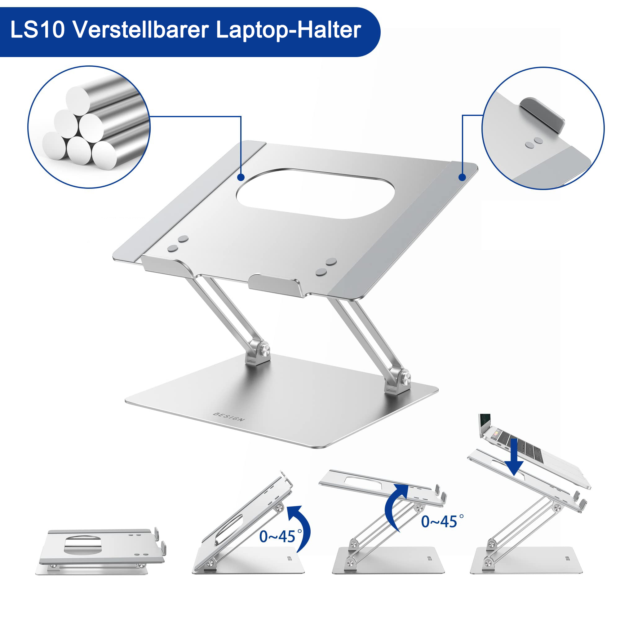 Silberner Laptopständer mit verstellbaren Armen und Laptopgrößen. Weißer Hintergrund.
