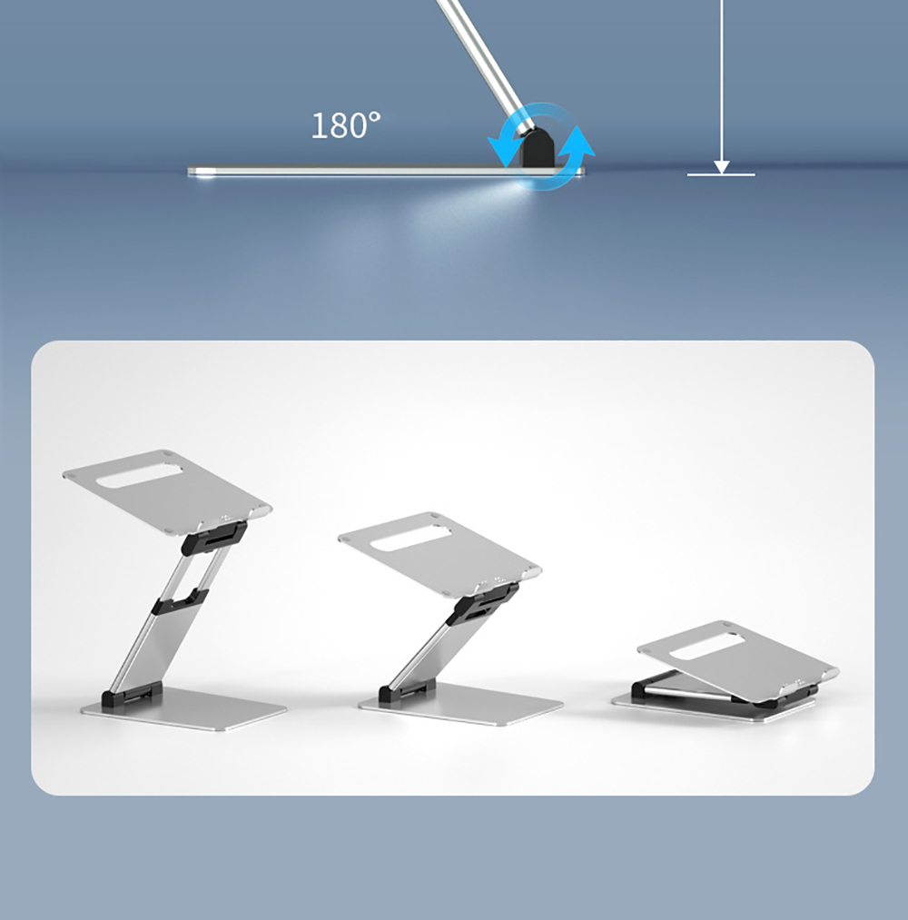 Drei silberne Laptopständer in verschiedenen Positionen. Blauer Hintergrund.