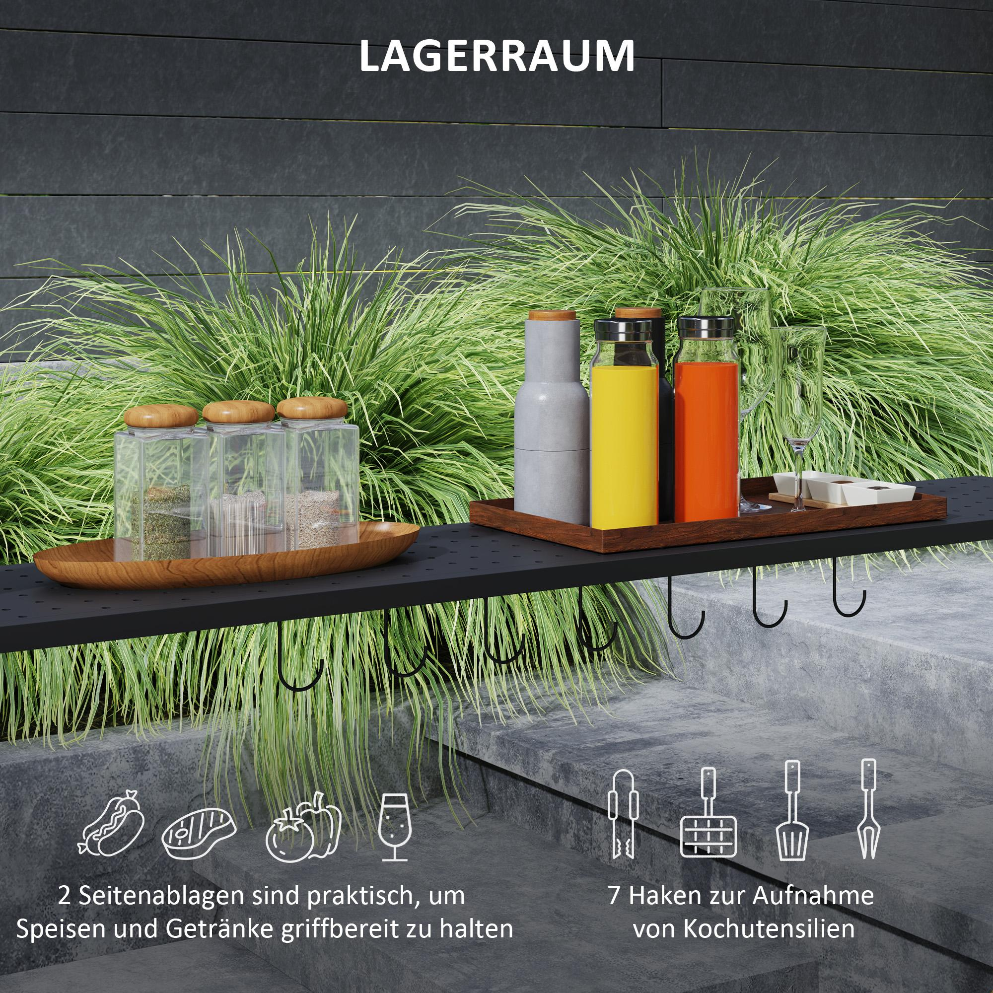 Schwarzes Regal mit Haken, das Gläser, Flaschen und Gläser hält. Der Text lautet: „2 Seitenablagen sind praktisch“, „7 Haken für Utensilien“.