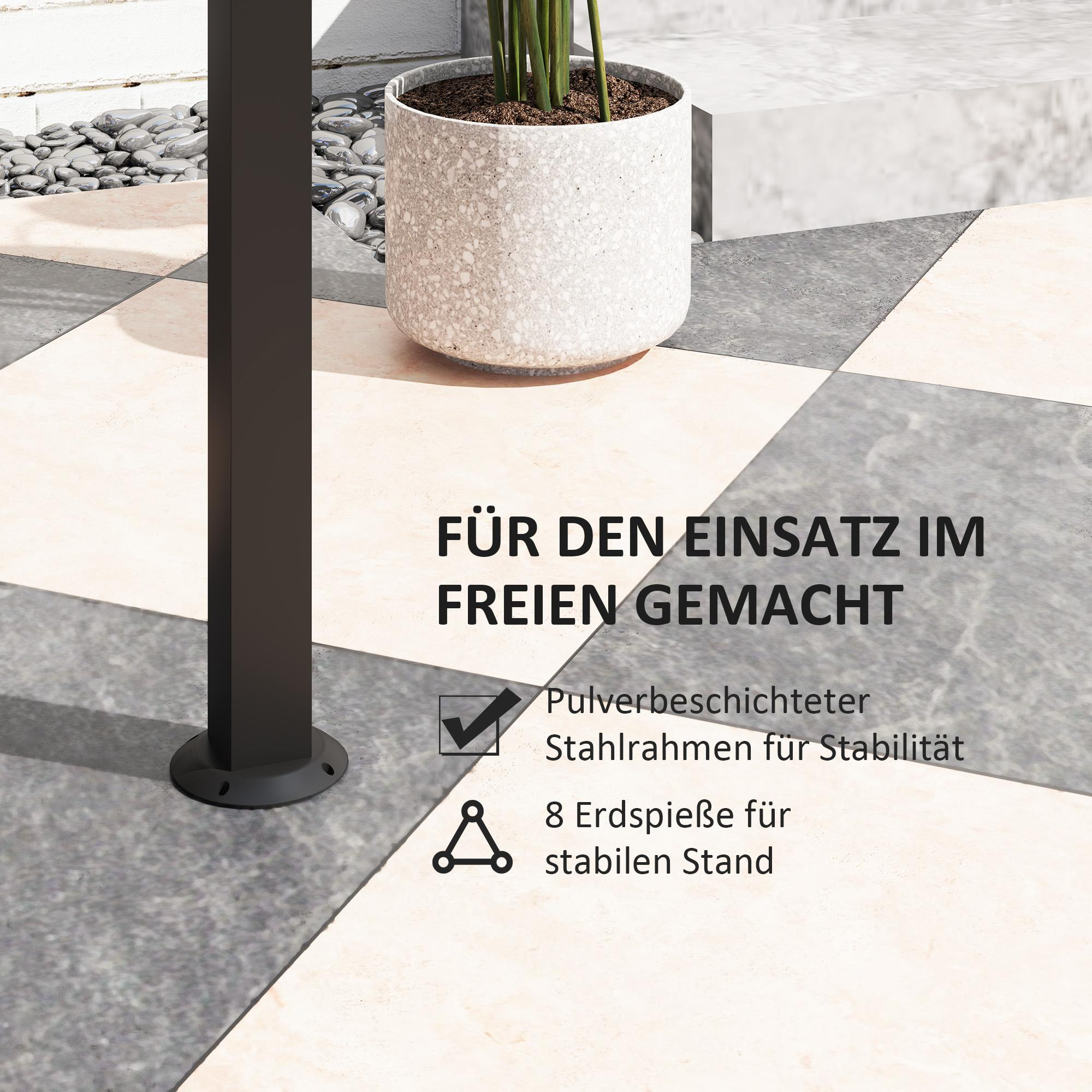 Schwarzer Metallständerfuß in einem Garten. Der Text lautet: "Für den Einsatz im Freien gemacht", pulverbeschichteter Stahlrahmen und stabiler Stand.