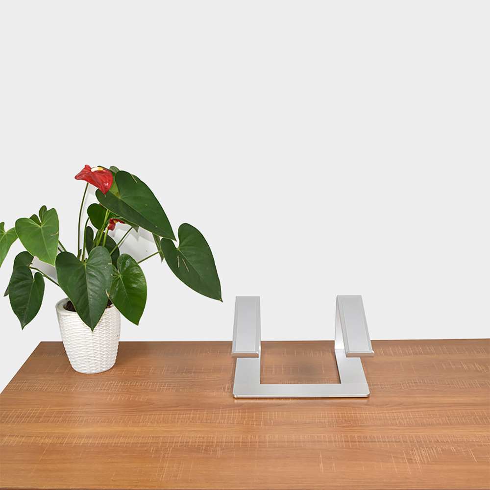 Silberner Laptopständer auf einem Holztisch. Pflanze in einem weißen Topf. Weißer Hintergrund.