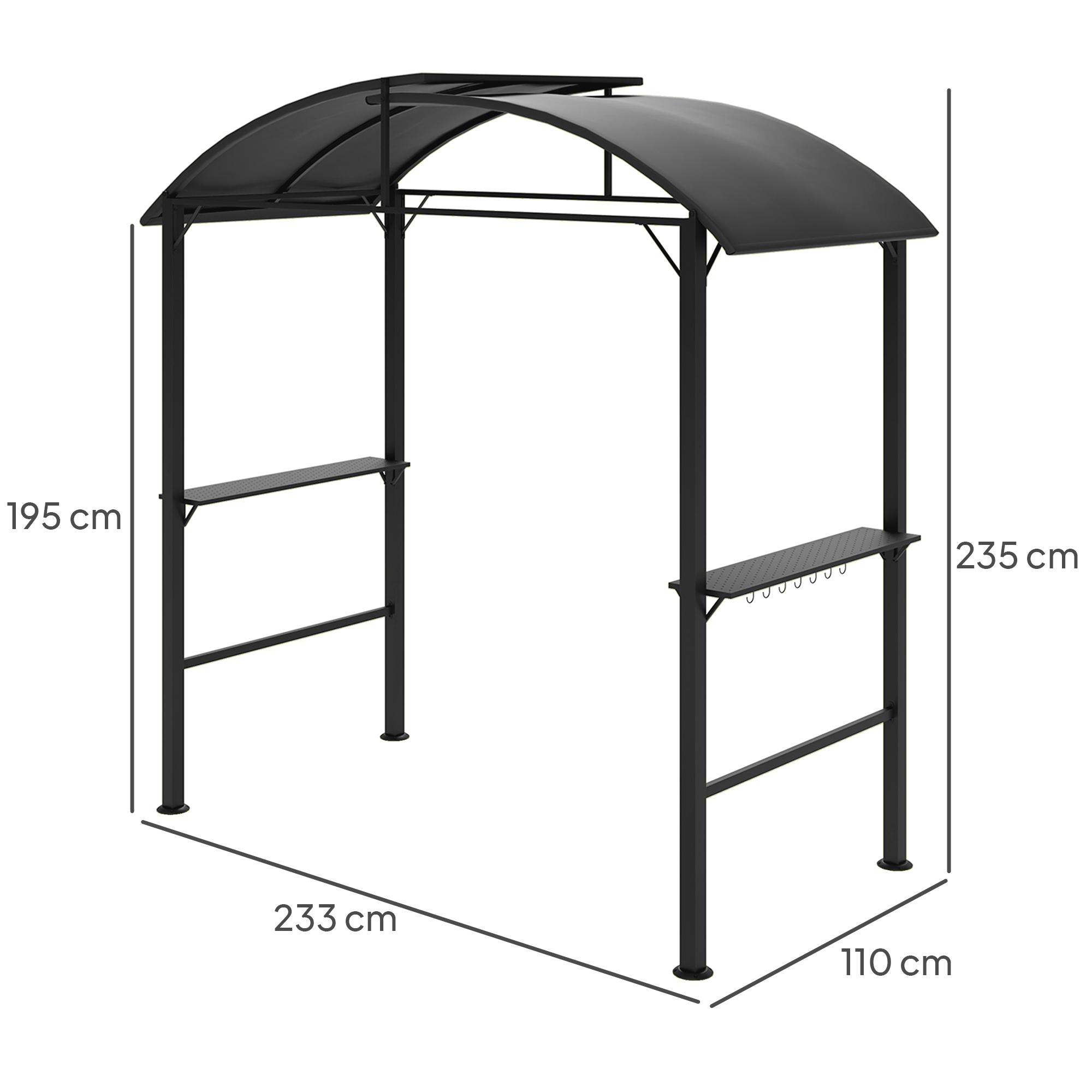 Schwarze Metall-Außenstruktur mit gebogenem Dach und zwei Seitenregalen. Maße: 233cm x 110cm x 195/235cm.