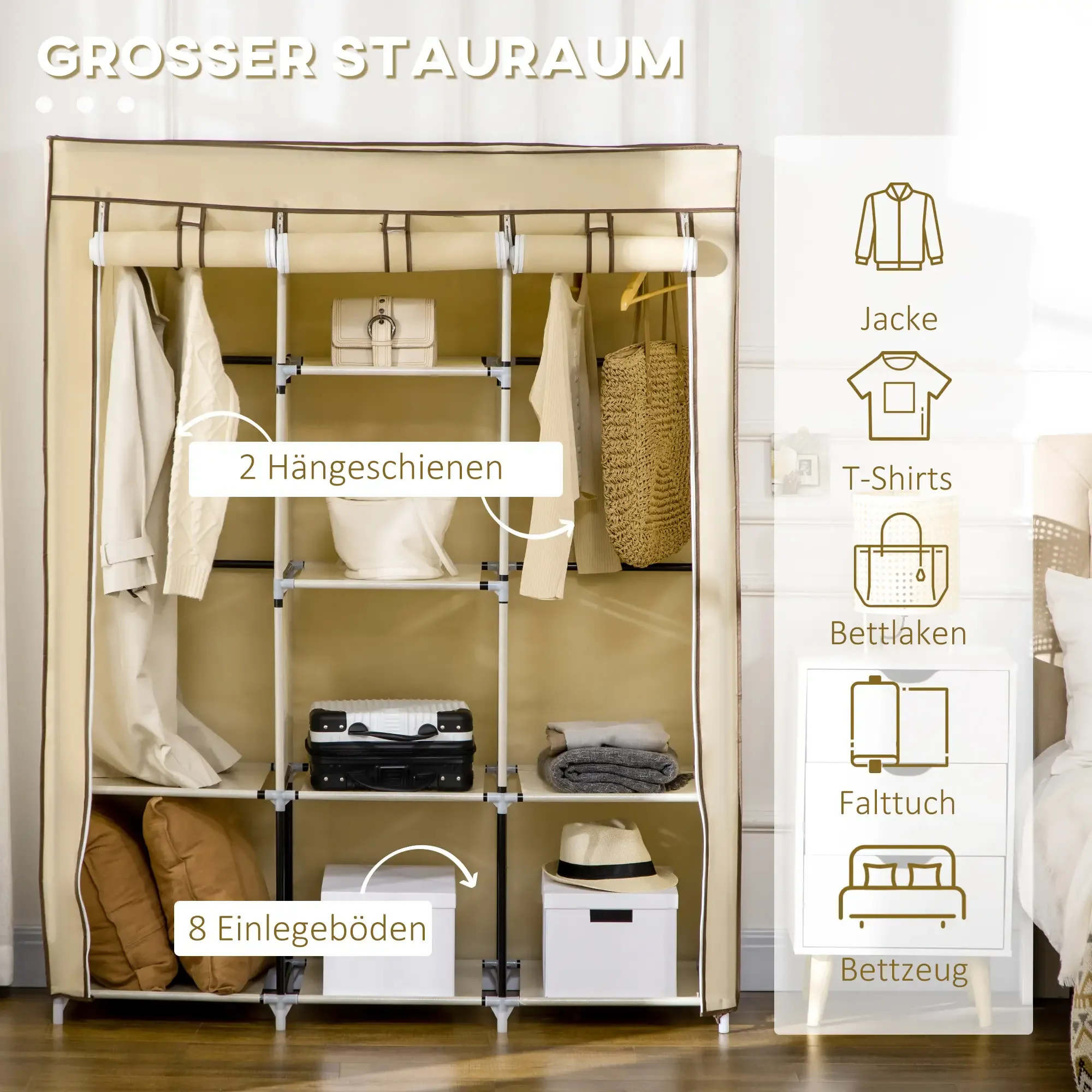 Beiger tragbarer Kleiderschrank mit Kleidung und Stauraum. Merkmale sind Regale, Kleiderstangen und Beschriftungen für den Inhalt.