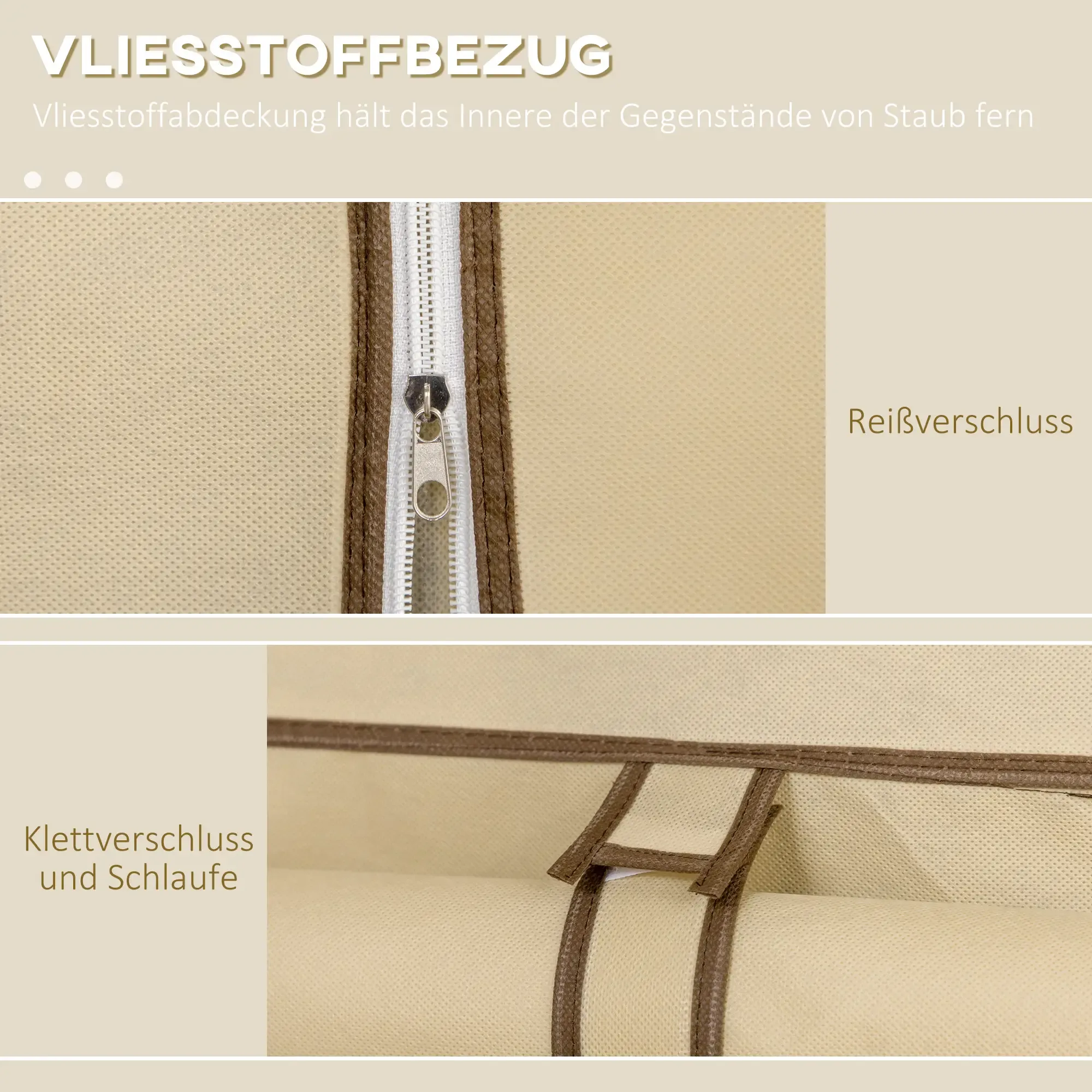 Nahaufnahme eines Reißverschlusses und eines Klettverschlusses. Beigefarbener Stoff. Braune Zierleisten.