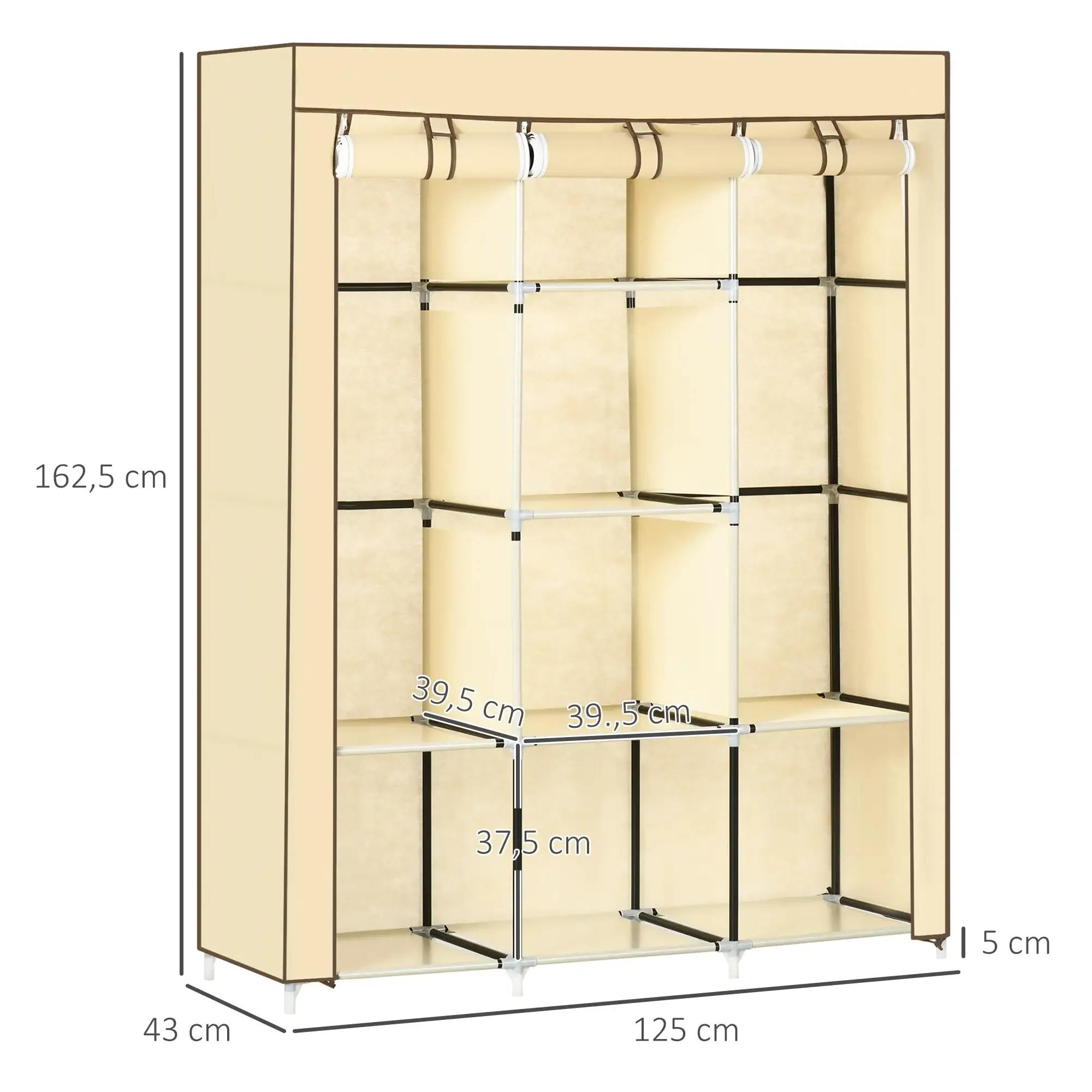 Beigefarbener Kleiderschrank mit Maßen. Mehrere Regale und eine Kleiderstange. Weißer und schwarzer Rahmen.
