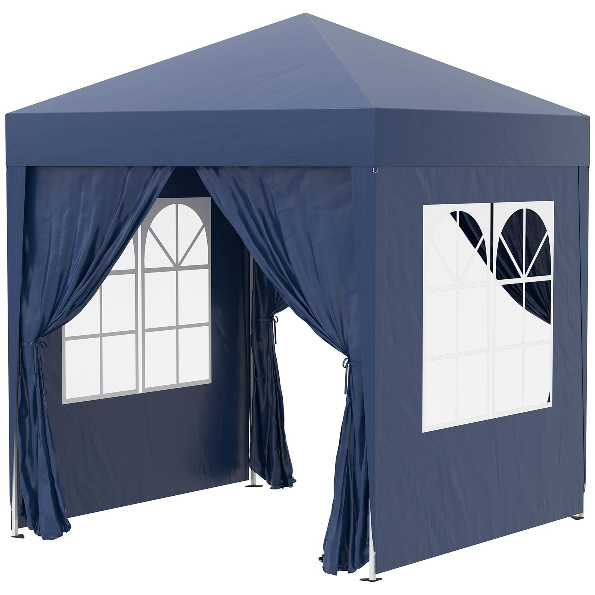 Ein blauer Pavillon mit weißen Fenstern und Vorhängen vor weißem Hintergrund.