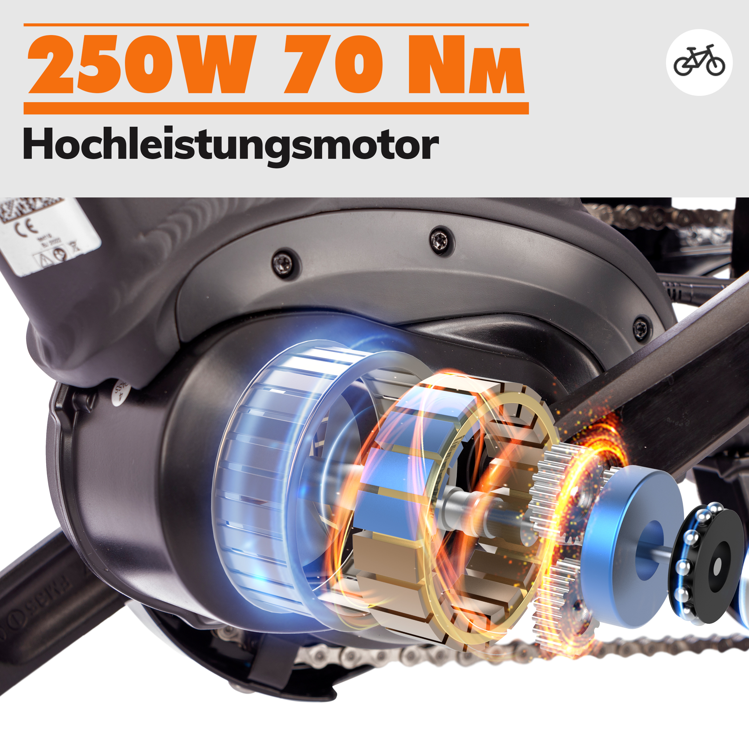 Nahaufnahme eines Fahrradmotors, der Innenteile zeigt, umgeben von Text: 250W 70 Nm Hochleistungsmotor.