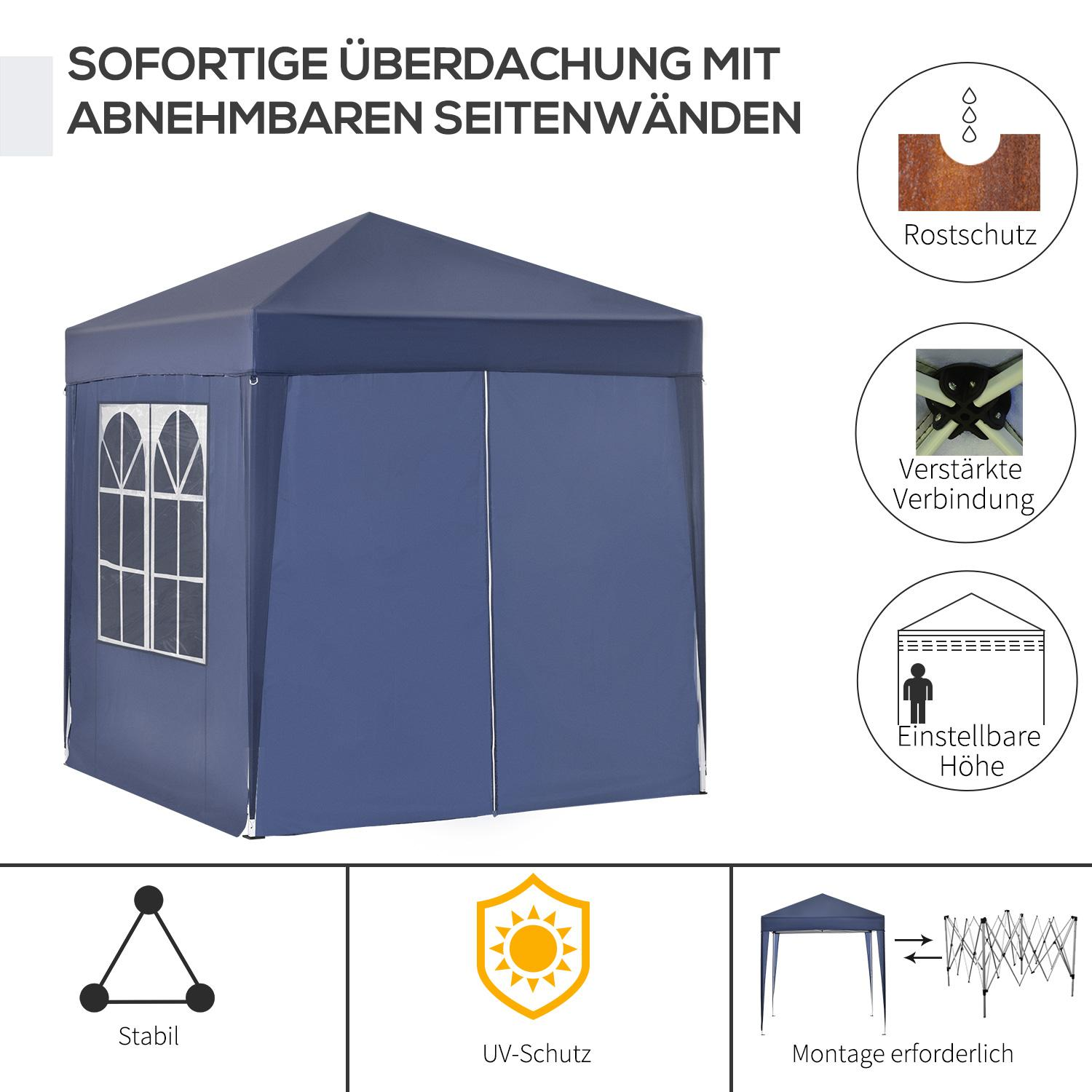 Blauer Pavillon mit weißen Fenstern und abnehmbaren Seitenteilen. Diagramme zeigen Merkmale wie UV-Schutz.