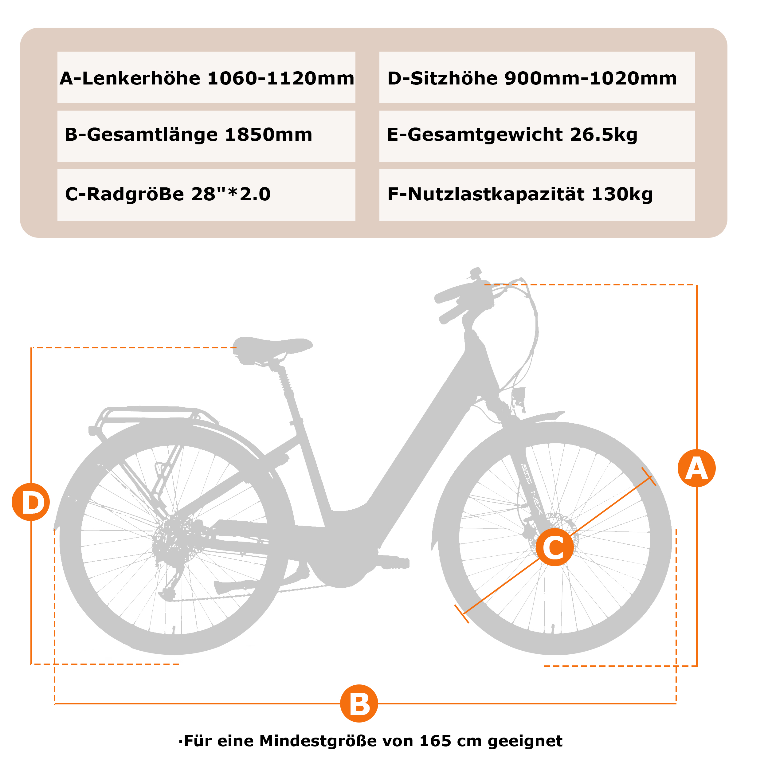 Diagramm eines Fahrrades mit Abmessungen und Spezifikationen in einer weißen Box.