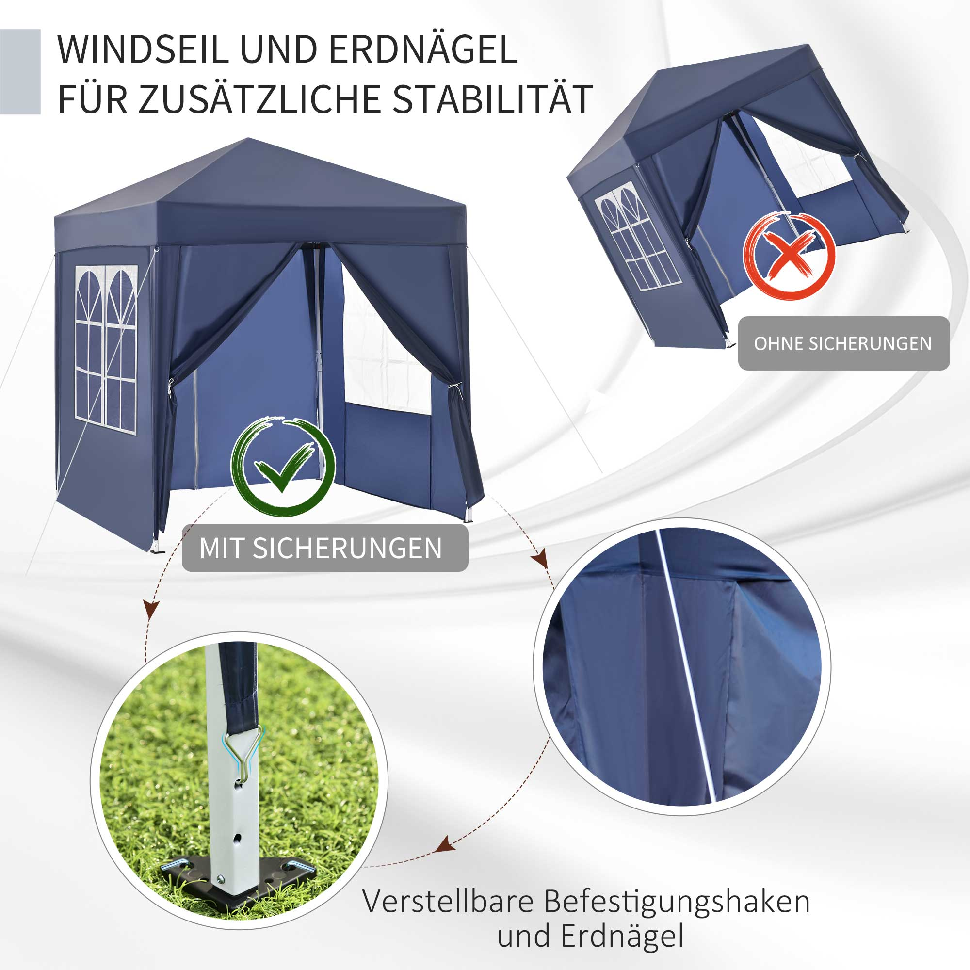 Blauer Pavillon mit weißen Fenstern. Diagramme zeigen Stabilität und Eigenschaften, Nahaufnahme eines Pflocks.