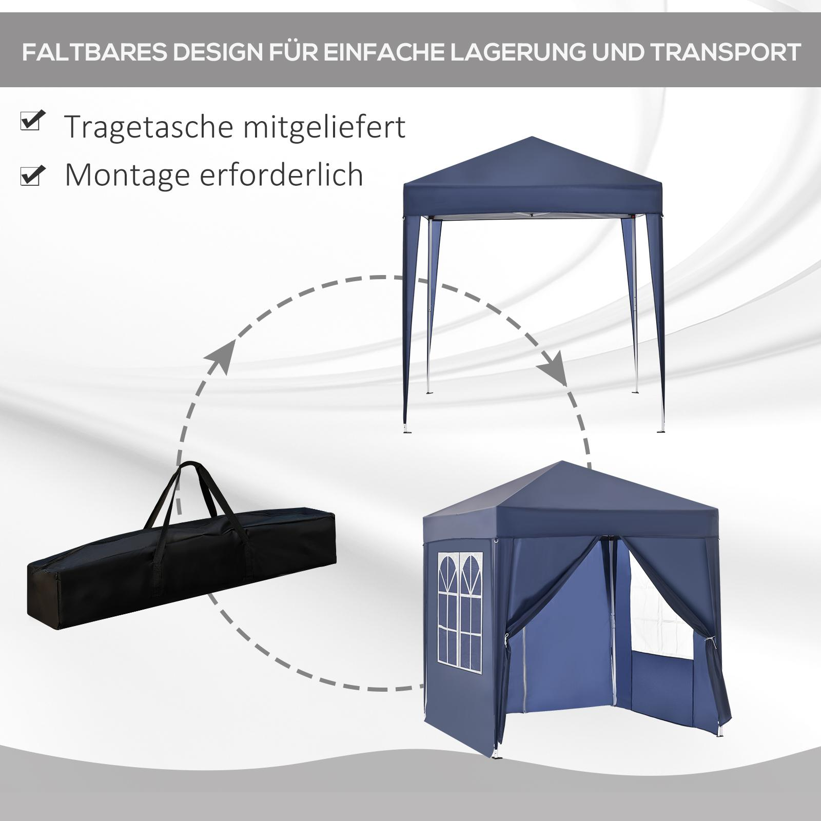 Ein faltbarer blauer Pavillon mit Tragetasche. Er zeigt den Aufbauprozess, einschließlich Montageschritten.