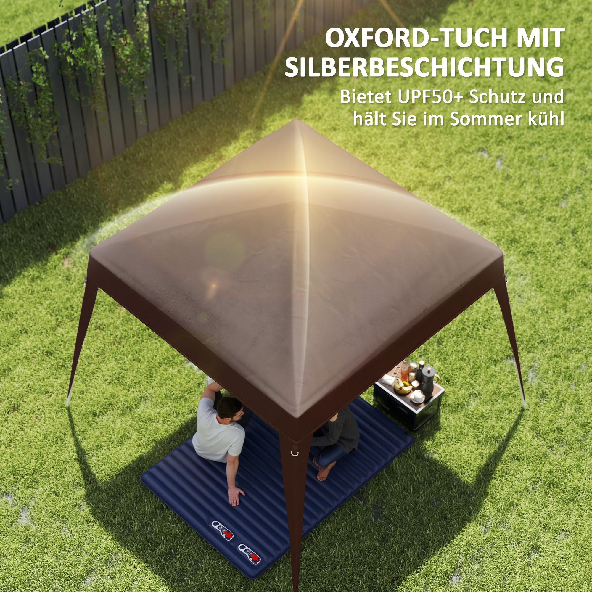 Braunes Pavillon über Gras. Zwei Personen sitzen auf einer blauen Matte. Text erwähnt UPF50+ Schutz.