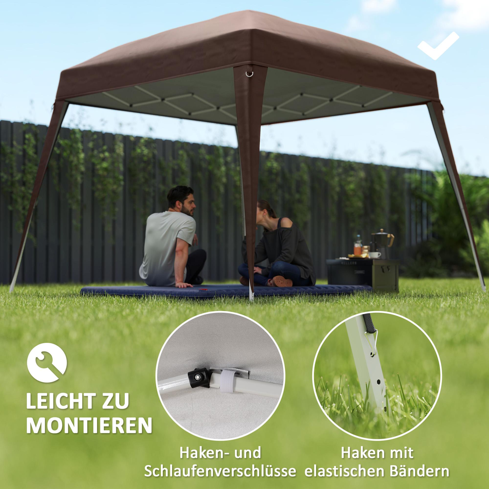 Zwei Personen sitzen unter einem braunen Zelt; Text besagt: Einfach zu montieren, Klettverschlüsse.