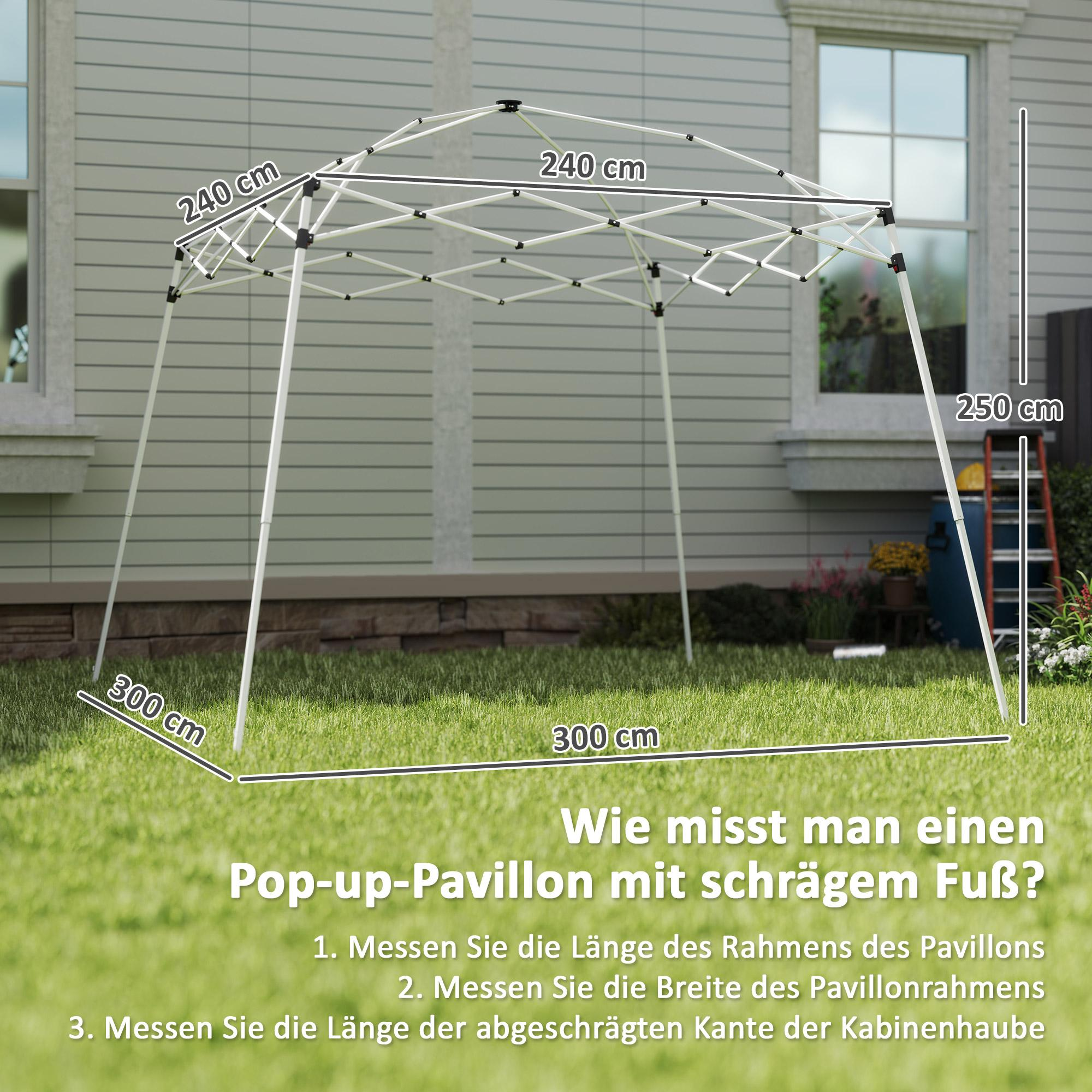 Weißes Pop-up-Pavillon mit Maßangaben. Gras und Haus im Hintergrund. Text erklärt, wie man misst.