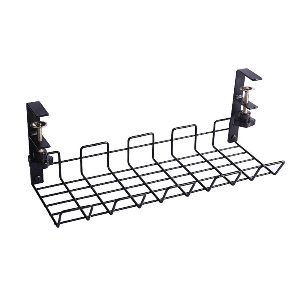 Schwarzer Kabelorganisator für unter dem Schreibtisch. Gitterdesign mit Klammern zur Befestigung.