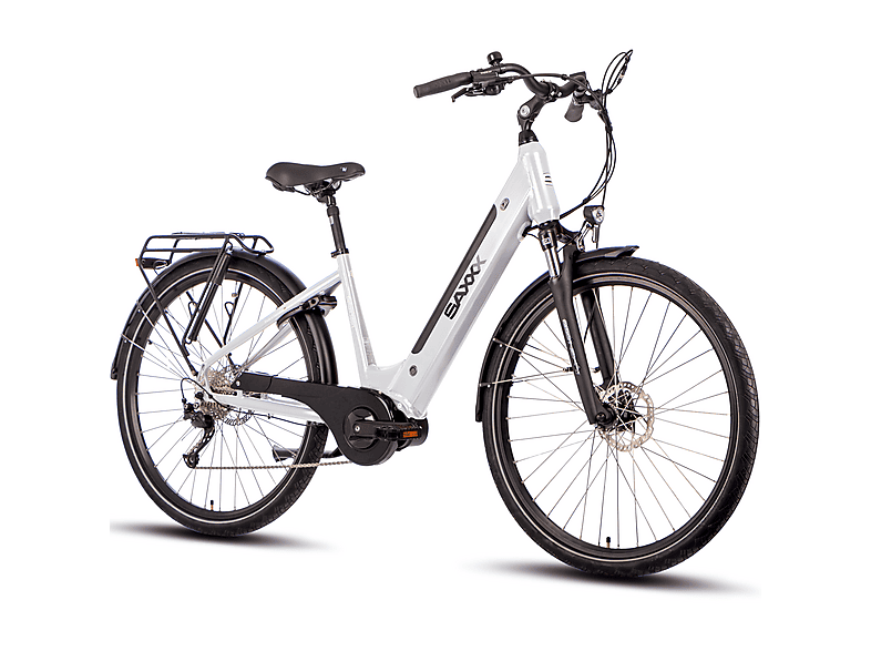 SAXXX E-Bike  Deluxe Sport Wave Citybike (Laufradgröße: 28 Zoll, Unisex-Rad, 418 Wh, grau-silber,bordeaux,weiß)