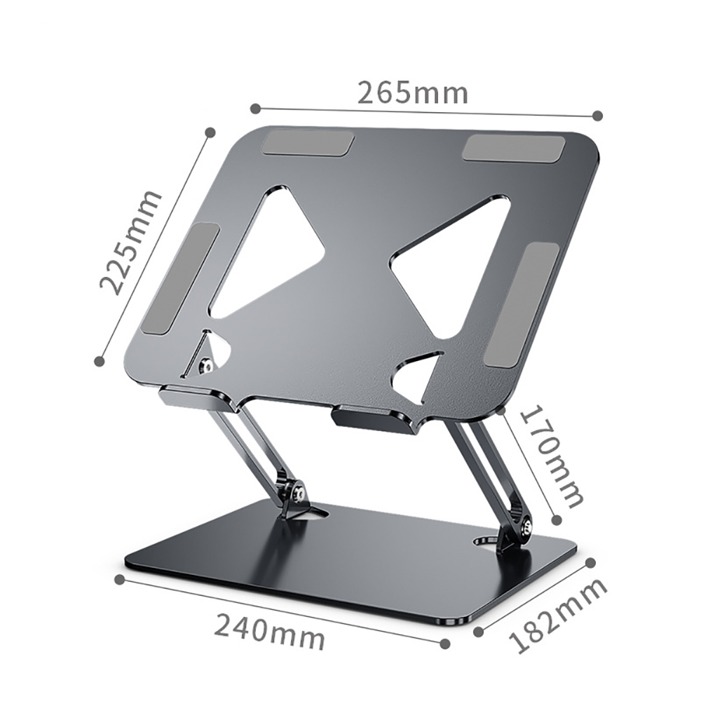 Laptopständer mit Maßangaben. Er hat eine Basis, verstellbare Arme und eine angewinkelte Plattform für den Laptop.