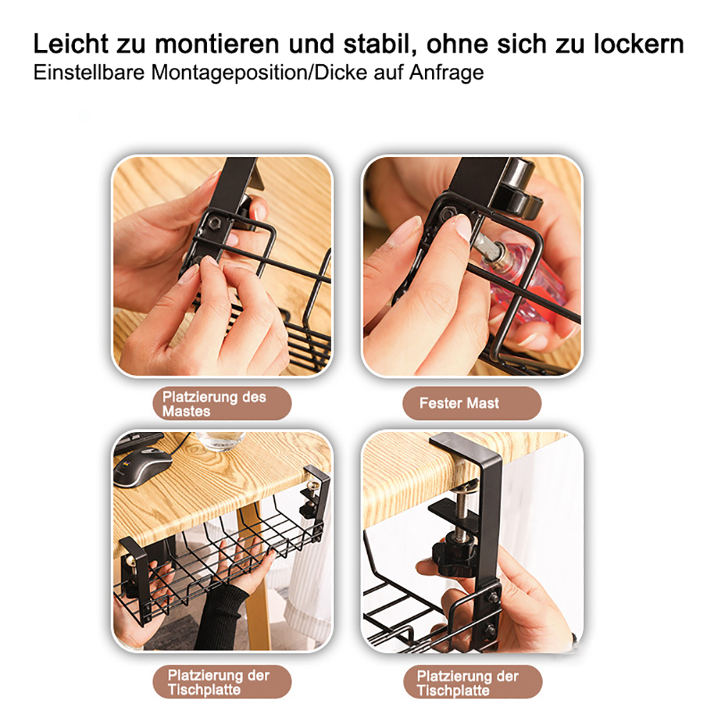 Anweisungen zum Zusammenbau und zur Montage einer schwarzen Kabelwanne unter einem Schreibtisch.