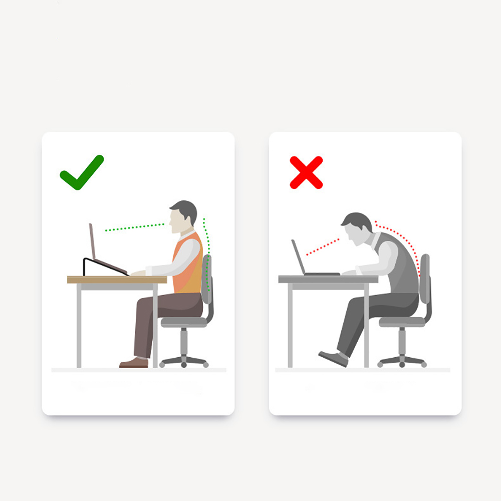 Diagramm, das gute und schlechte Körperhaltung bei der Laptop-Nutzung zeigt. Richtige und falsche Sitzpositionen.