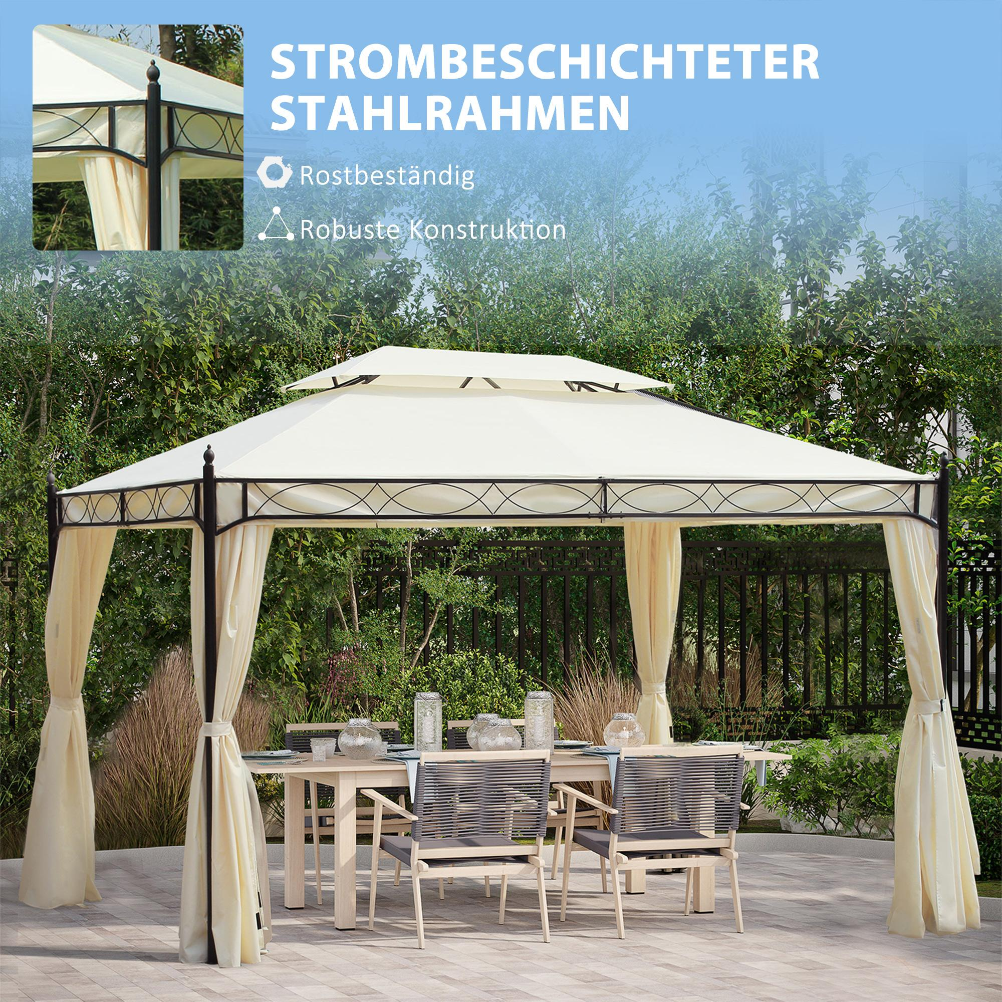 Ein Pavillon mit weißem Dach und schwarzem Rahmen, mit Tisch und Stühlen im Garten.