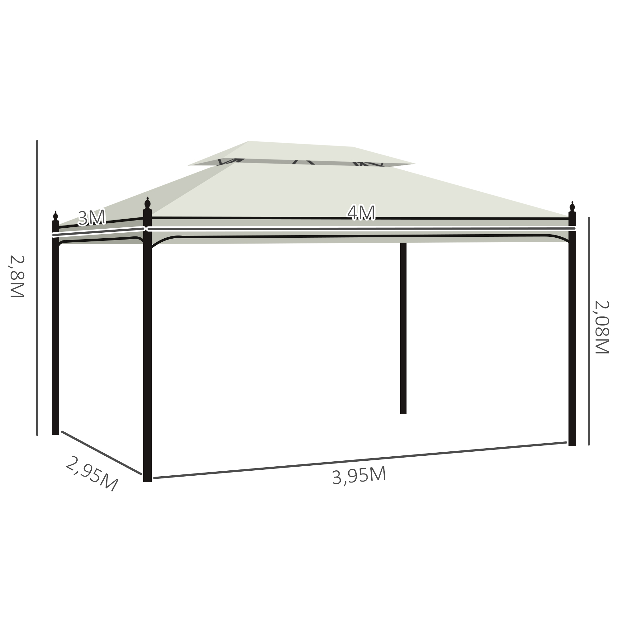 Diagramm eines beigefarbenen Pavillons mit Maßangaben in Metern.