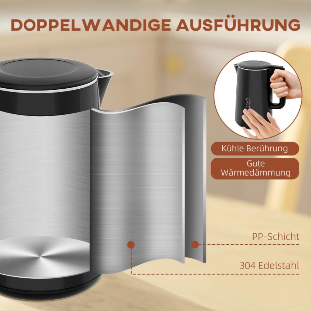 Querschnitt eines schwarzen Wasserkochers, der seine doppelwandige Konstruktion und Textbezeichnungen zeigt.