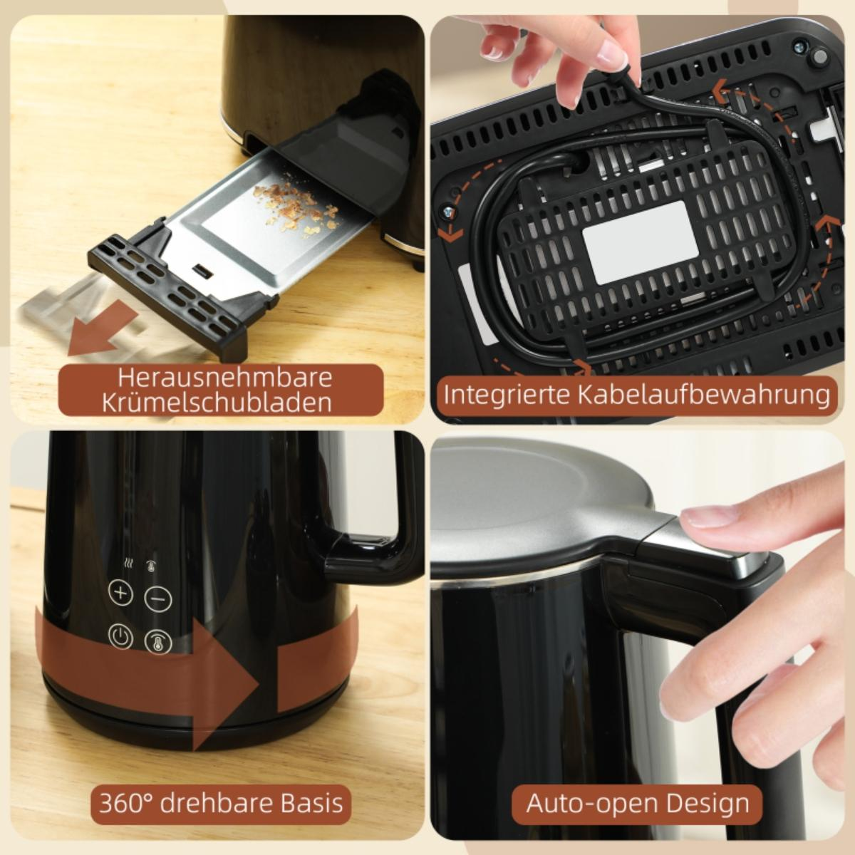 Schwarzer Wasserkocher und Toaster, mit Details wie Krümelbehälter, Kabelaufbewahrung und 360° Basis.