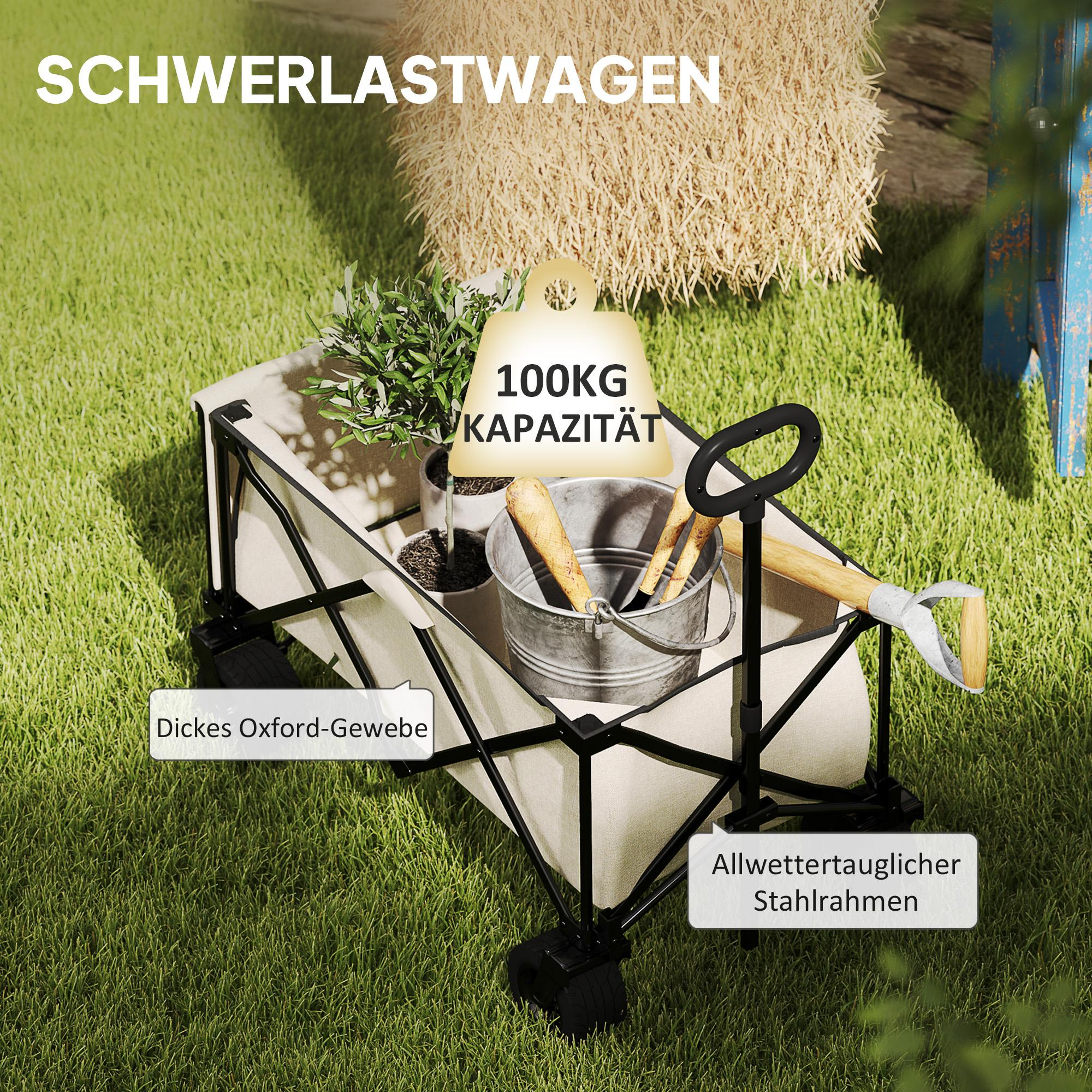 Ein Schwerlastwagen mit Pflanzen, Werkzeugen und einem Heuballen auf Gras. Text zeigt 100kg Kapazität.