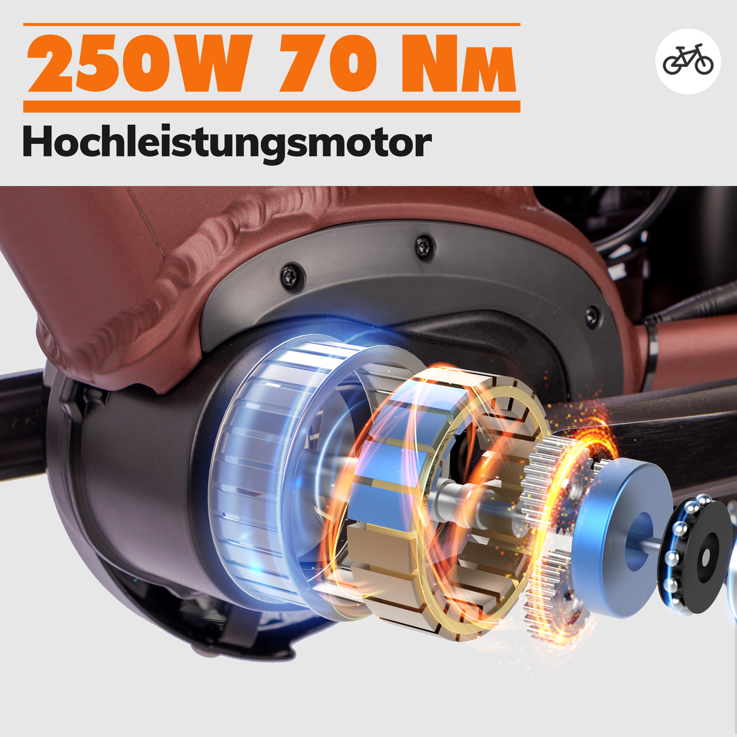 Nahaufnahme eines E-Bike-Motors, der interne Komponenten und ein blaues Element zeigt.