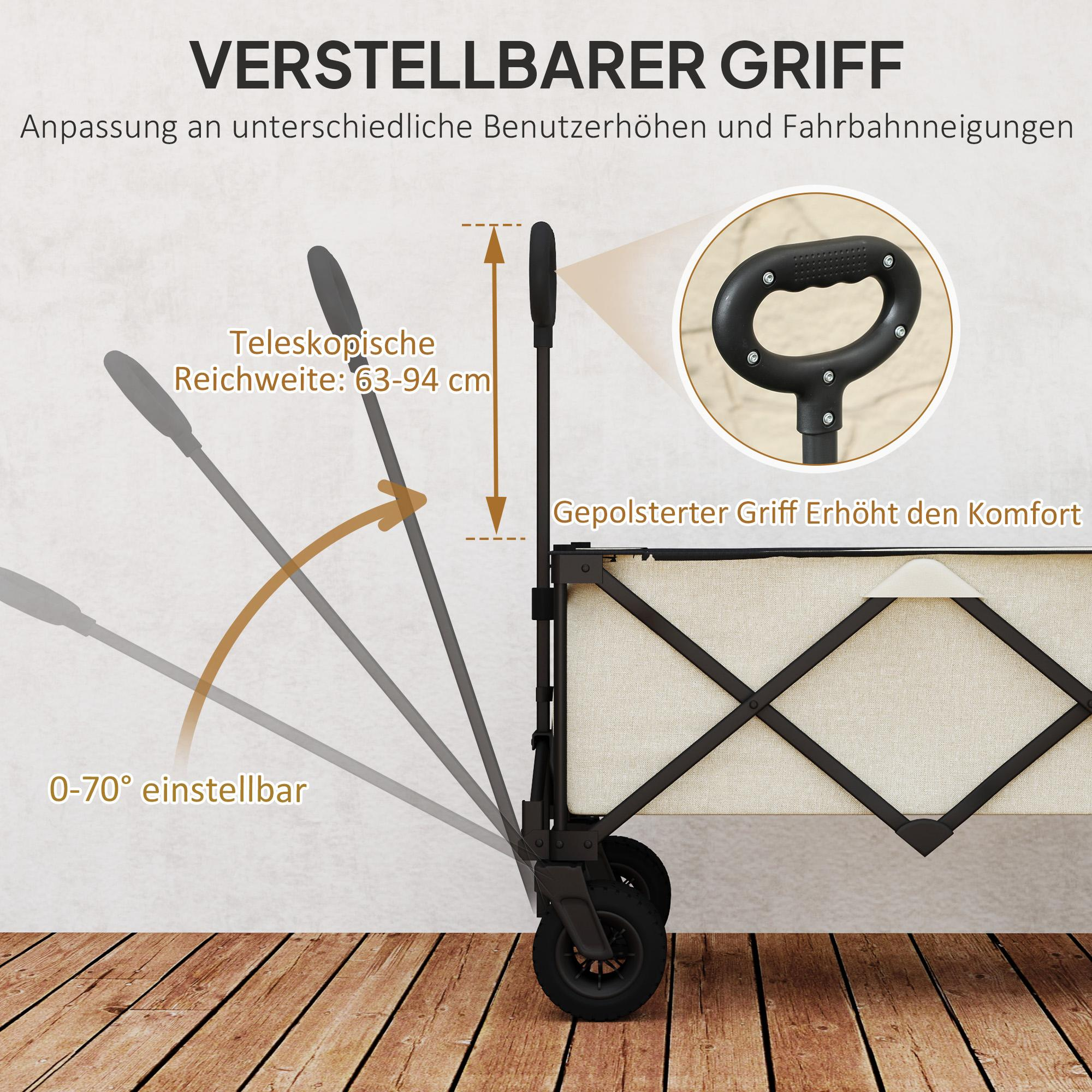 Verstellbarer Wagen-Griff mit Maßen. Der Griff ist schwarz mit gepolstertem Griff.