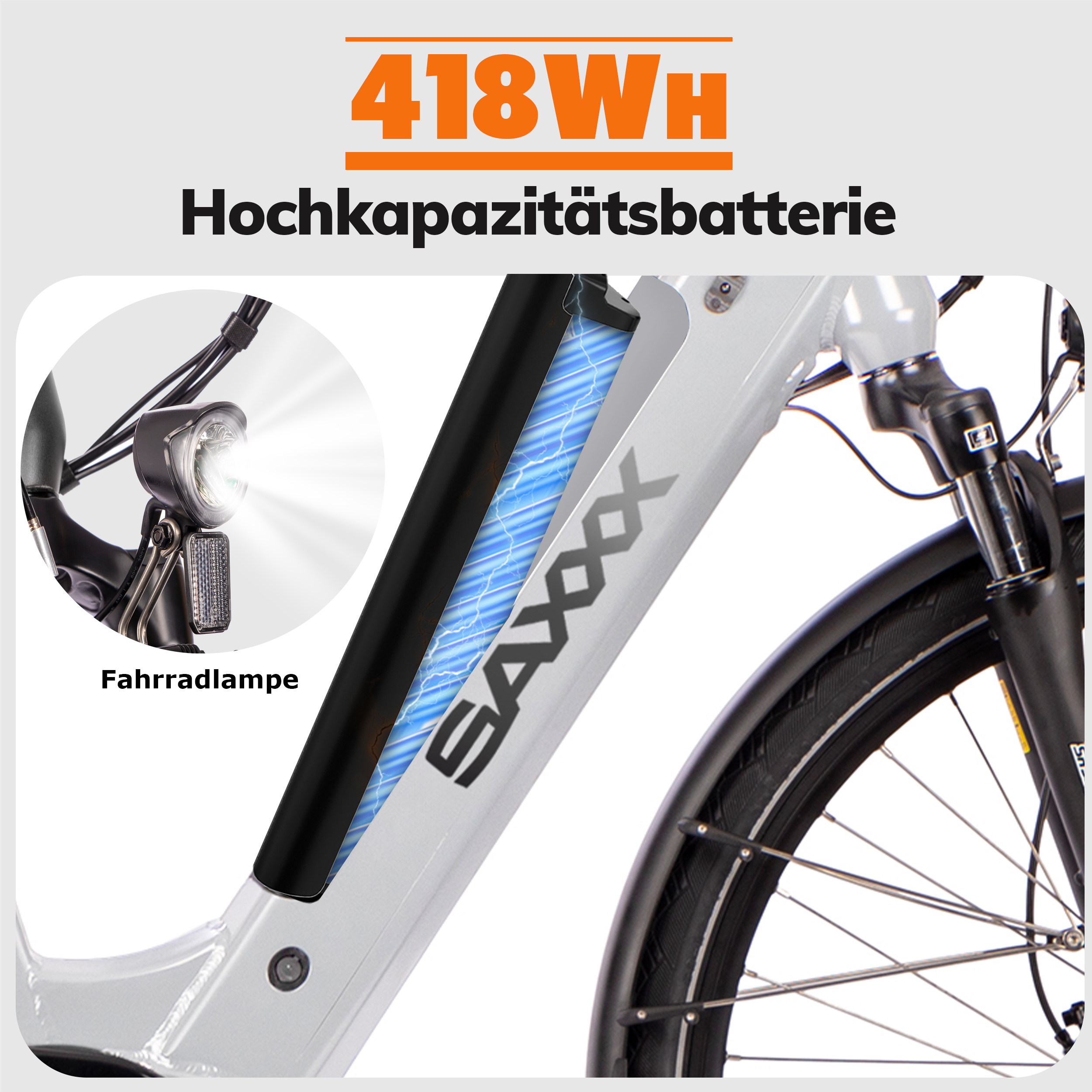 Nahaufnahme eines E-Bikes mit weißem Rahmen. Zeigt den Akku und den Frontscheinwerfer.