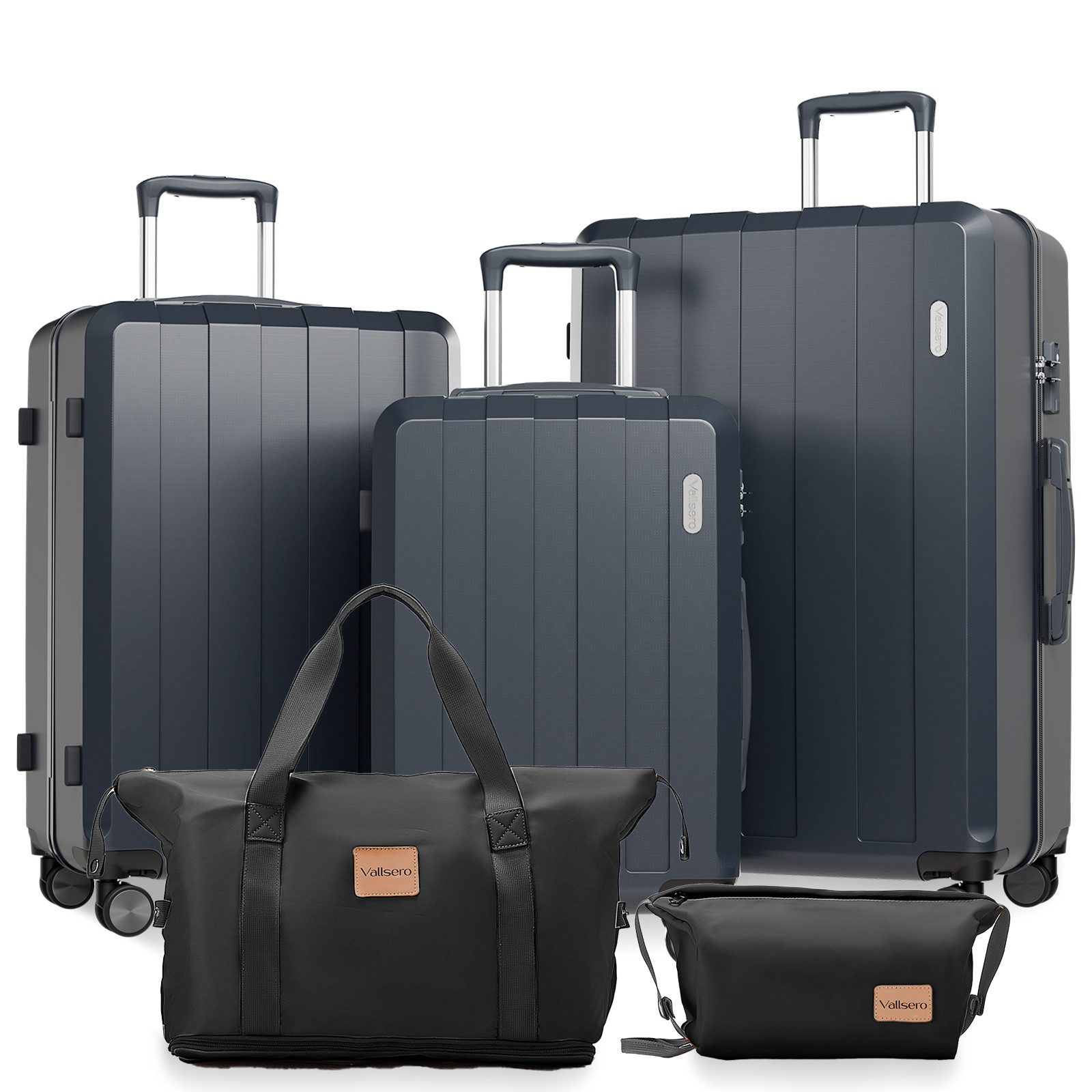 Set aus vier grauen Reisekoffern und einer schwarzen Reisetasche und kleiner Tasche.