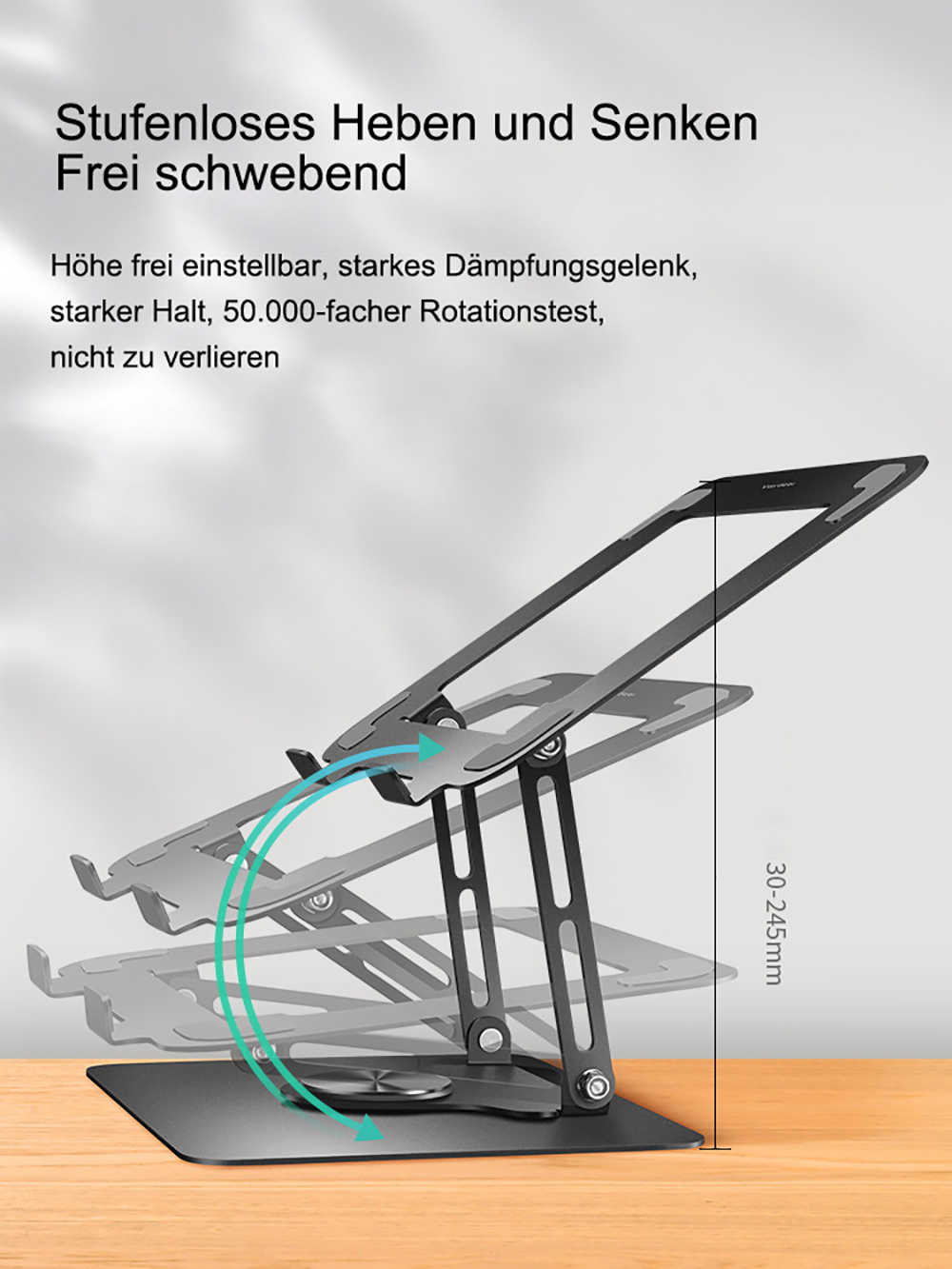 Laptopständer mit Einstellungen. Text auf dem Bild. Schwarzer Ständer auf schwarzer Oberfläche.