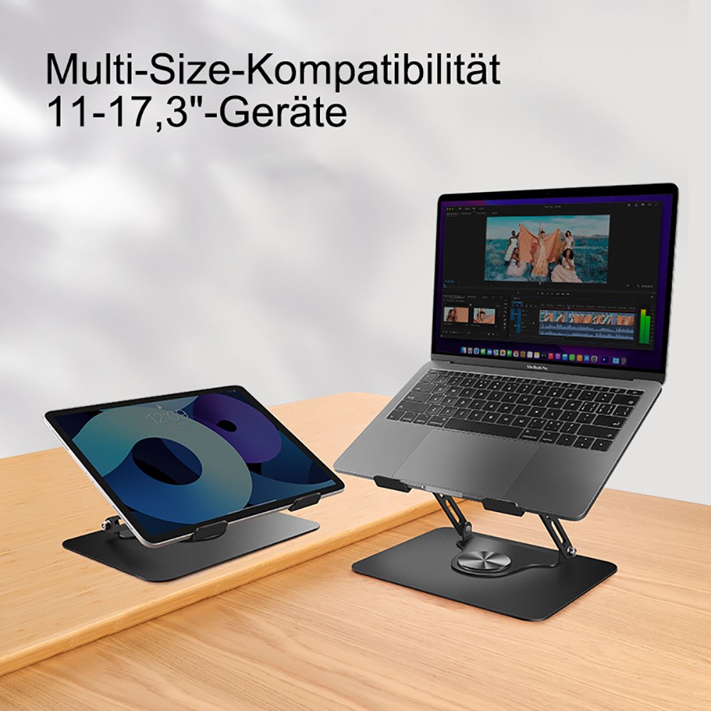 Laptop und Tablet auf Ständern, die Inhalte anzeigen, auf einem hölzernen Schreibtisch.