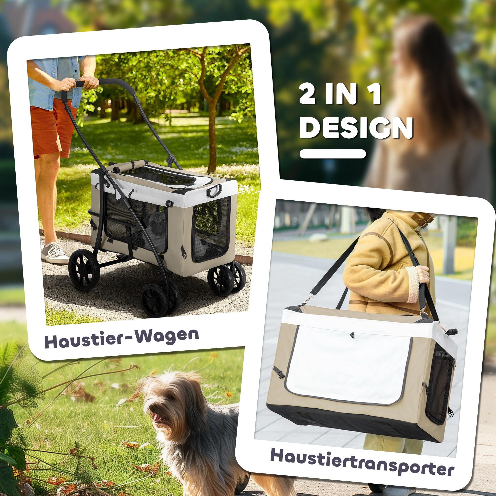 Zwei Bilder eines Hunde-Kinderwagens: eines als Wagen und das andere als Träger, mit einem Hund im Park.