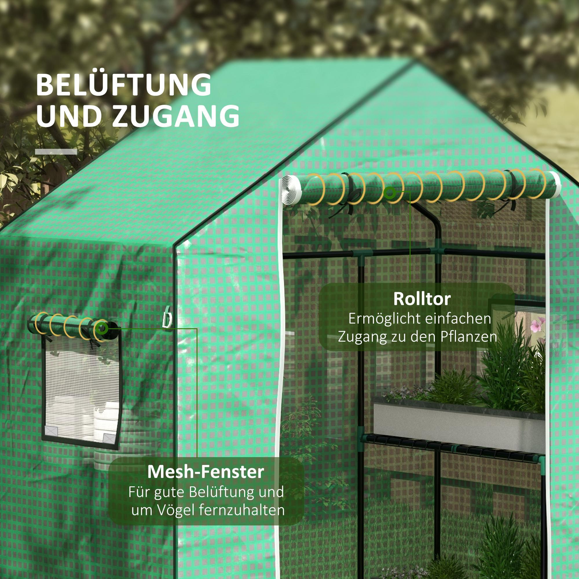 Nahaufnahme eines grünen Gewächshauses mit beschrifteten Details: Belüftung, Zugang, Mesh-Fenster und Rolltor für Pflanzen.