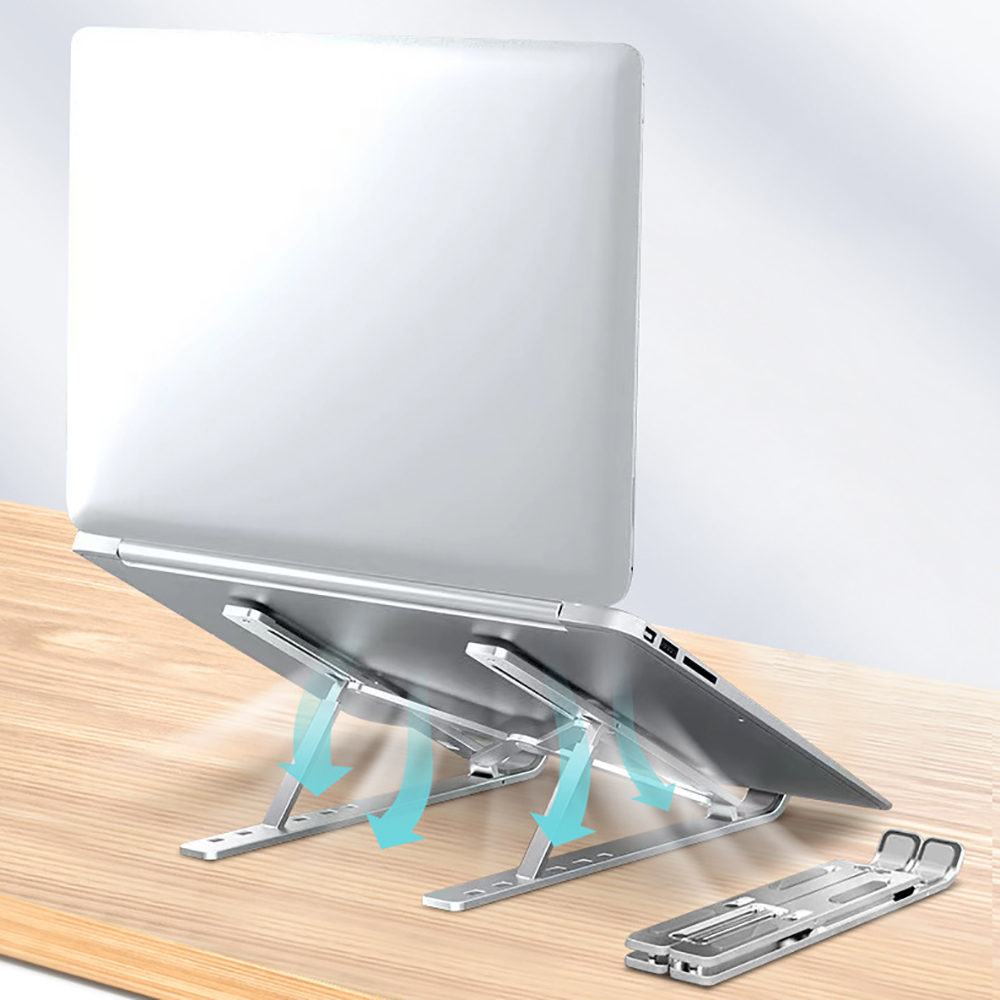 Laptop auf silbernem Ständer, mit Pfeilen, die den Luftstrom anzeigen. Gefalteter Ständer an der Seite. Holztisch.