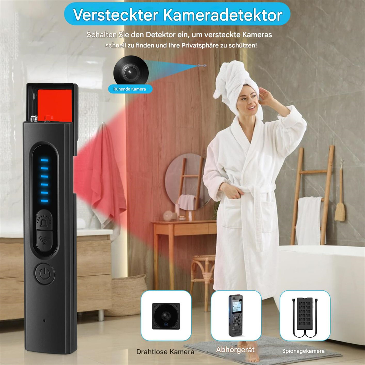 Eine Frau in einem weißen Bademantel steht in einem Badezimmer. Ein Gerät mit rotem Licht wird in ihrer Nähe gehalten.