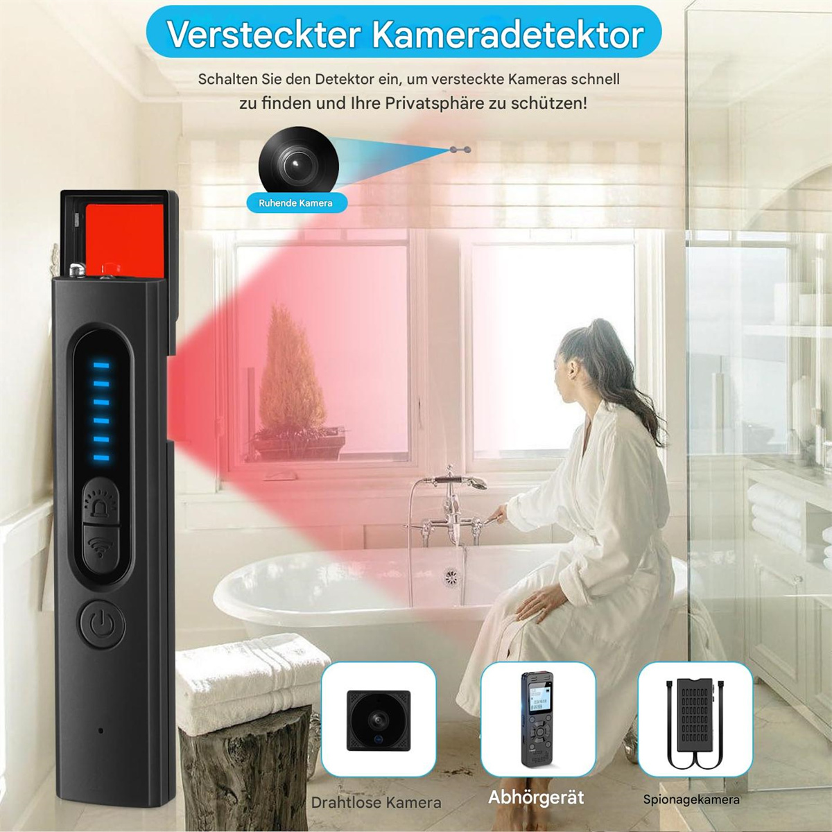 Ein schwarzes Gerät mit rotem Licht und eine Frau in einem Badezimmer. Text: 'Versteckter Kameradetektor'.