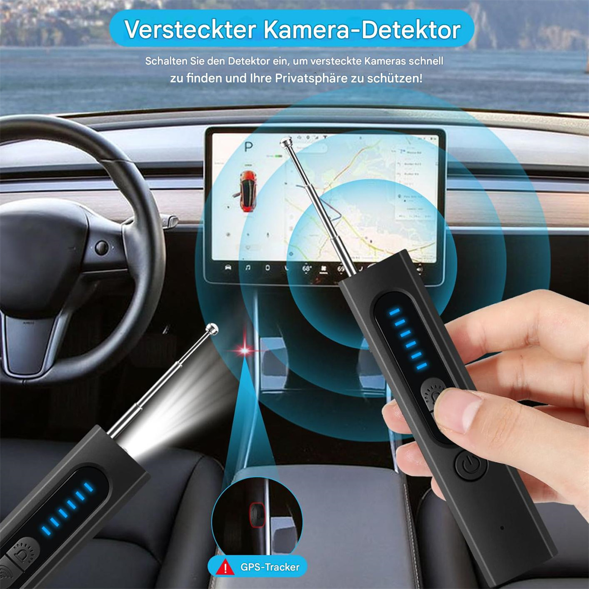 Ein Gerät mit Antenne detektiert versteckte Kameras in einem Auto. Eine Hand hält eines in der Nähe des Armaturenbretts.