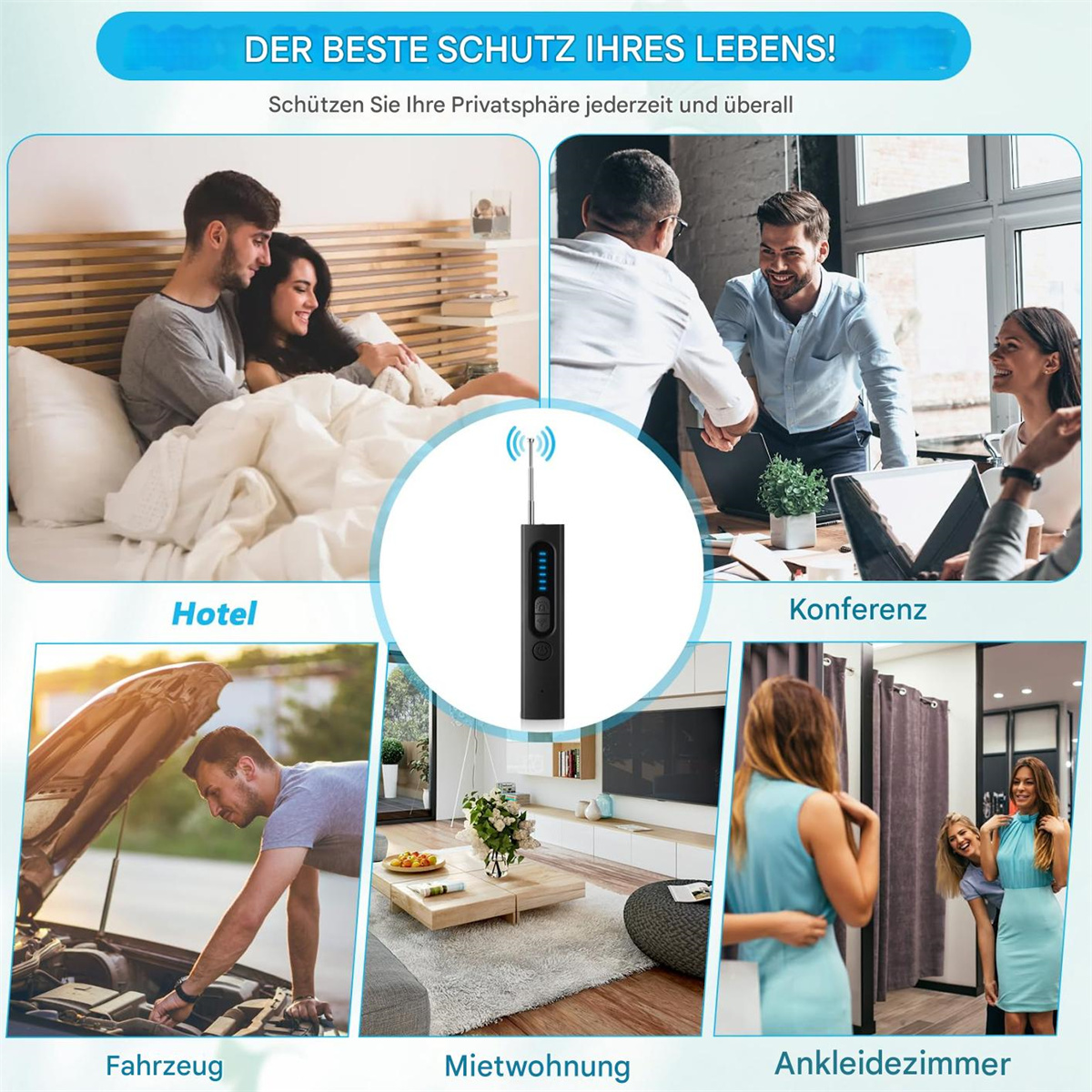 Ein Gerät mit einem Mann im Auto, einer Frau in einem Kleid und einem Mann und einer Frau in einem Hotelzimmer, mit einem Funksignal.